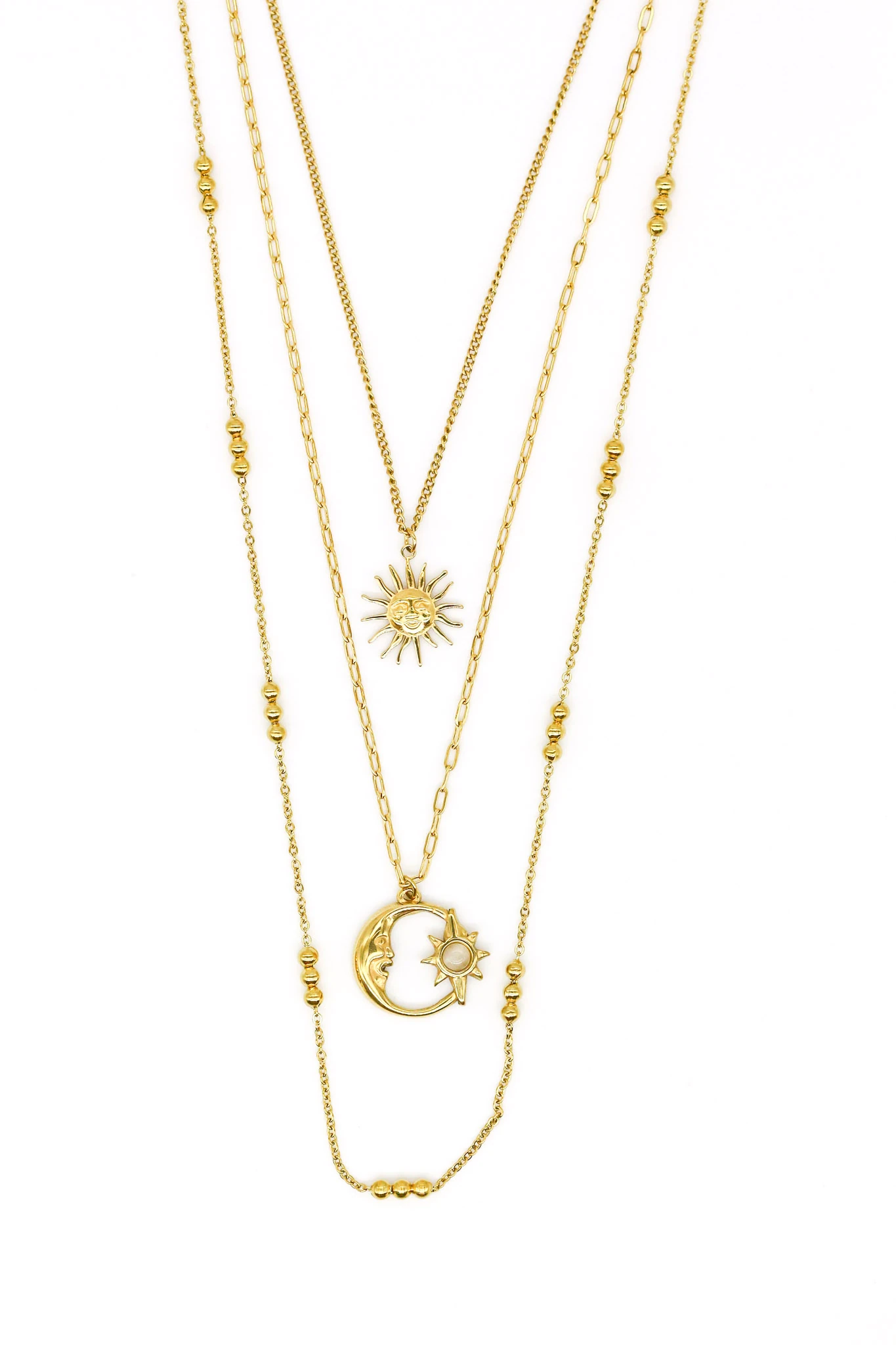 Çelik Üçlü Kombin Zincir Kolye,Ay Yıldız,Güneş Figürlü - Gold