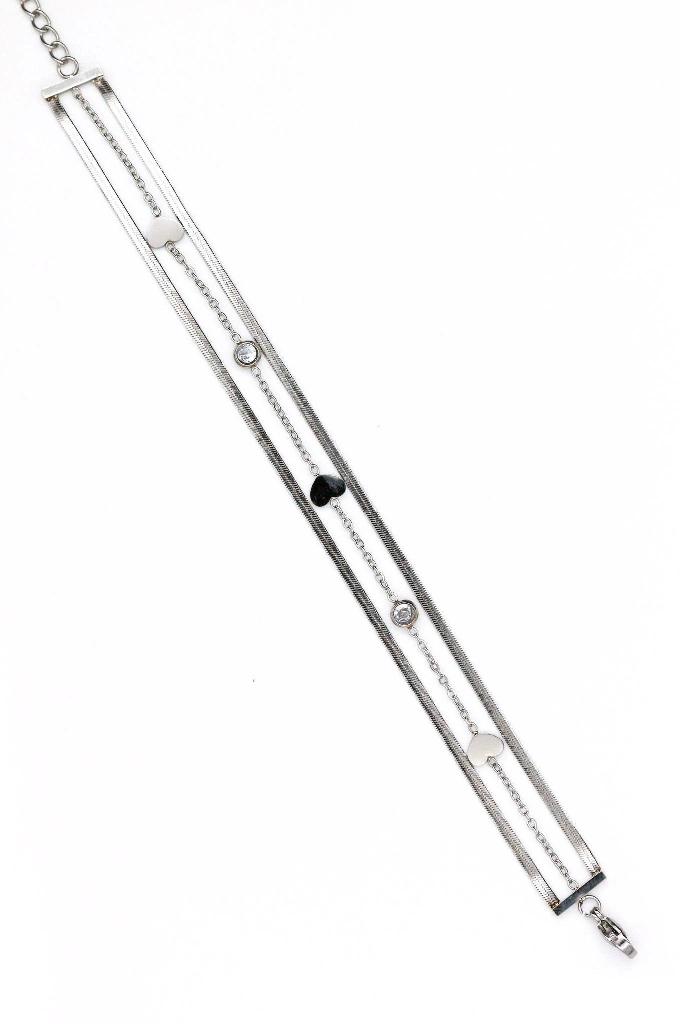 Çelik Kalpli,Üçlü Birleşik Zincir Bileklik - Silver