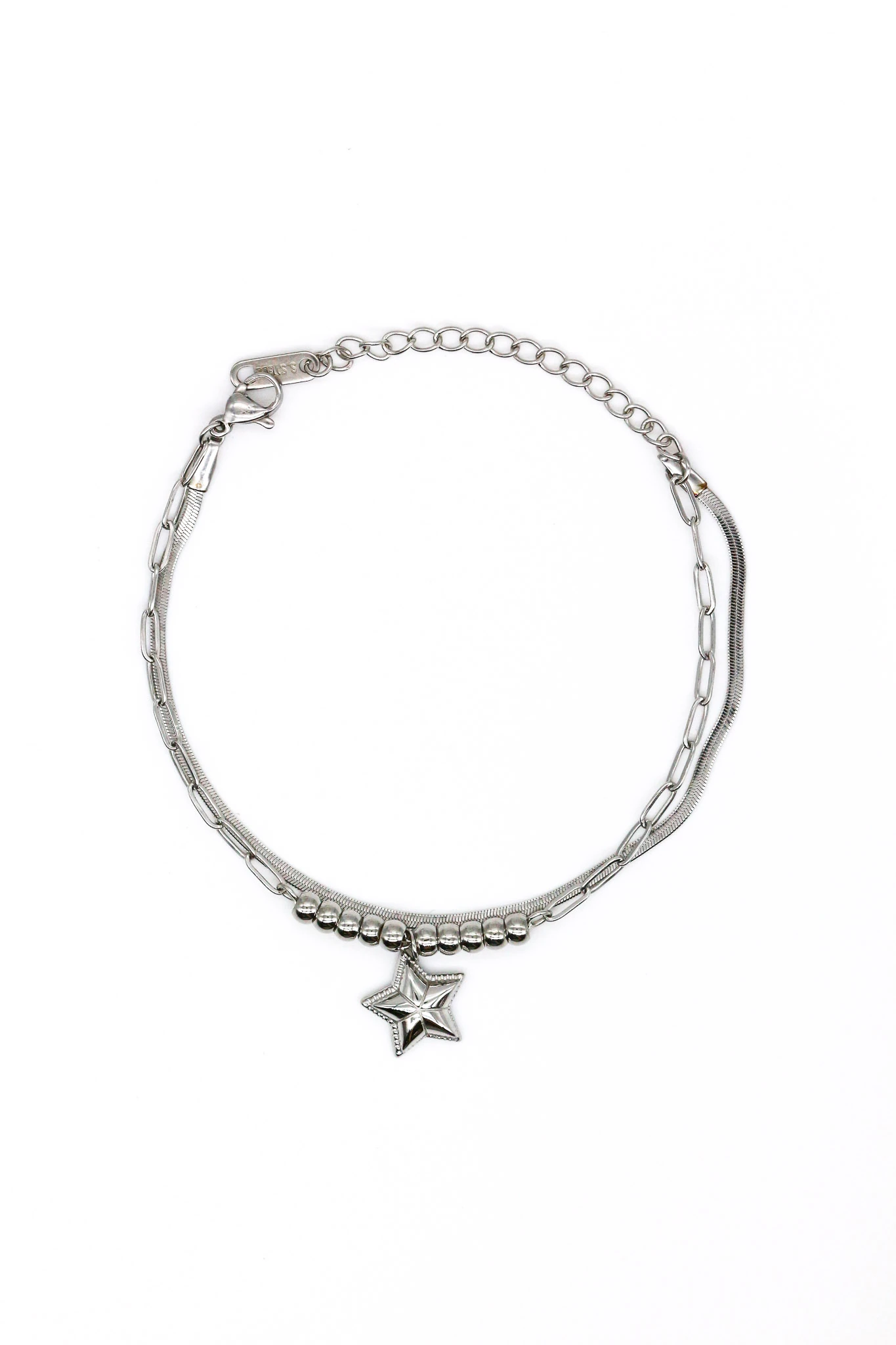 Çelik Bombe Yıldızlı,Boncuklu İkili Kombin Zincir Bileklik - Silver