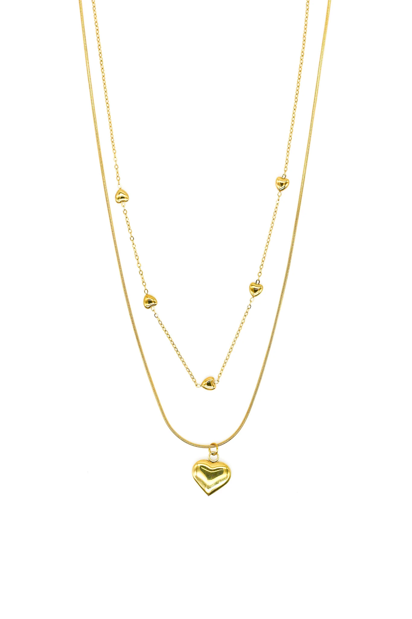 Çelik Bombe Kalpli İkili Kombin Zincir Kolye - Gold