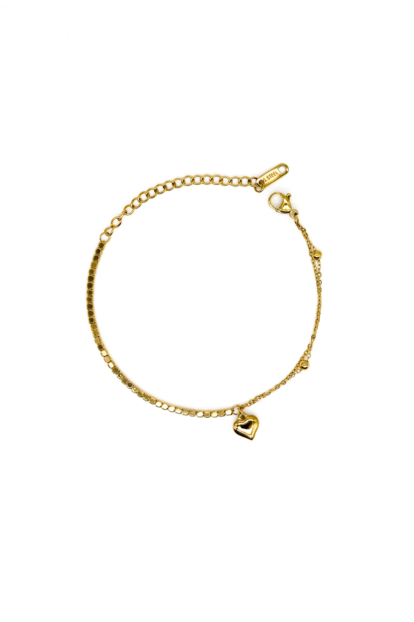 Çelik Tekli Dolgu Kalpli,Küpcüklü İkili Kombin Zincir Bileklik