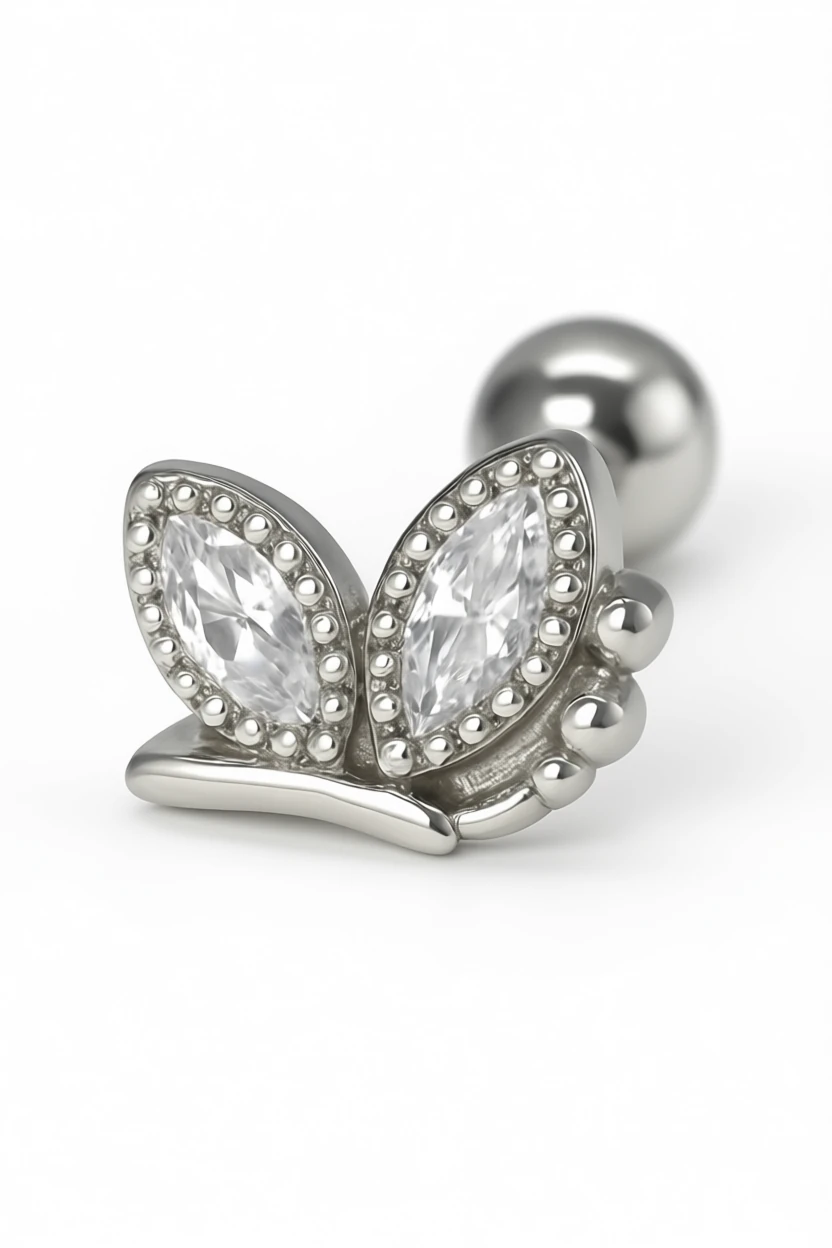 Zirkon Taşlı Tragus Küpe,İki Taşlı Kelebek
