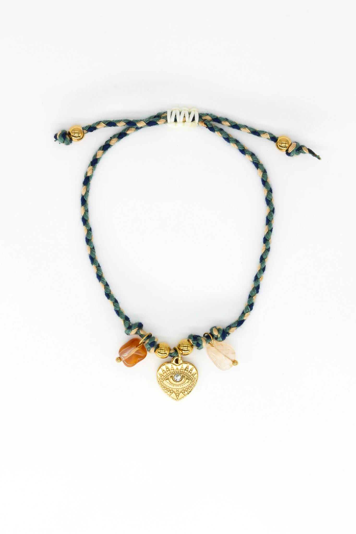 Asansör Makrome Bileklik,Kalpli Göz Figürlü,Taşlı,Yeşil İpli