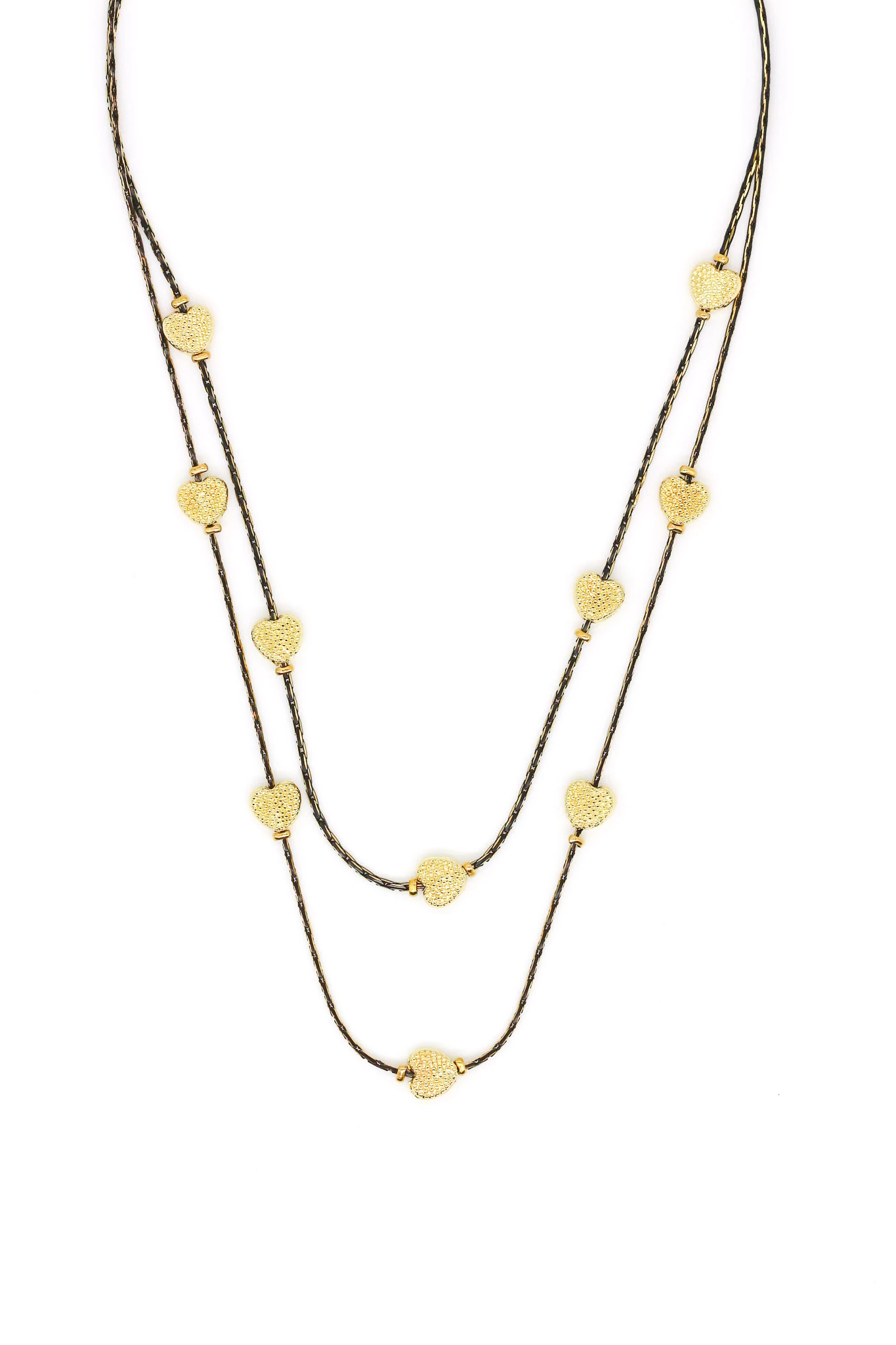 Çelik Desenli Kalpli İkili Kombin Siyah Zincirli Kolye