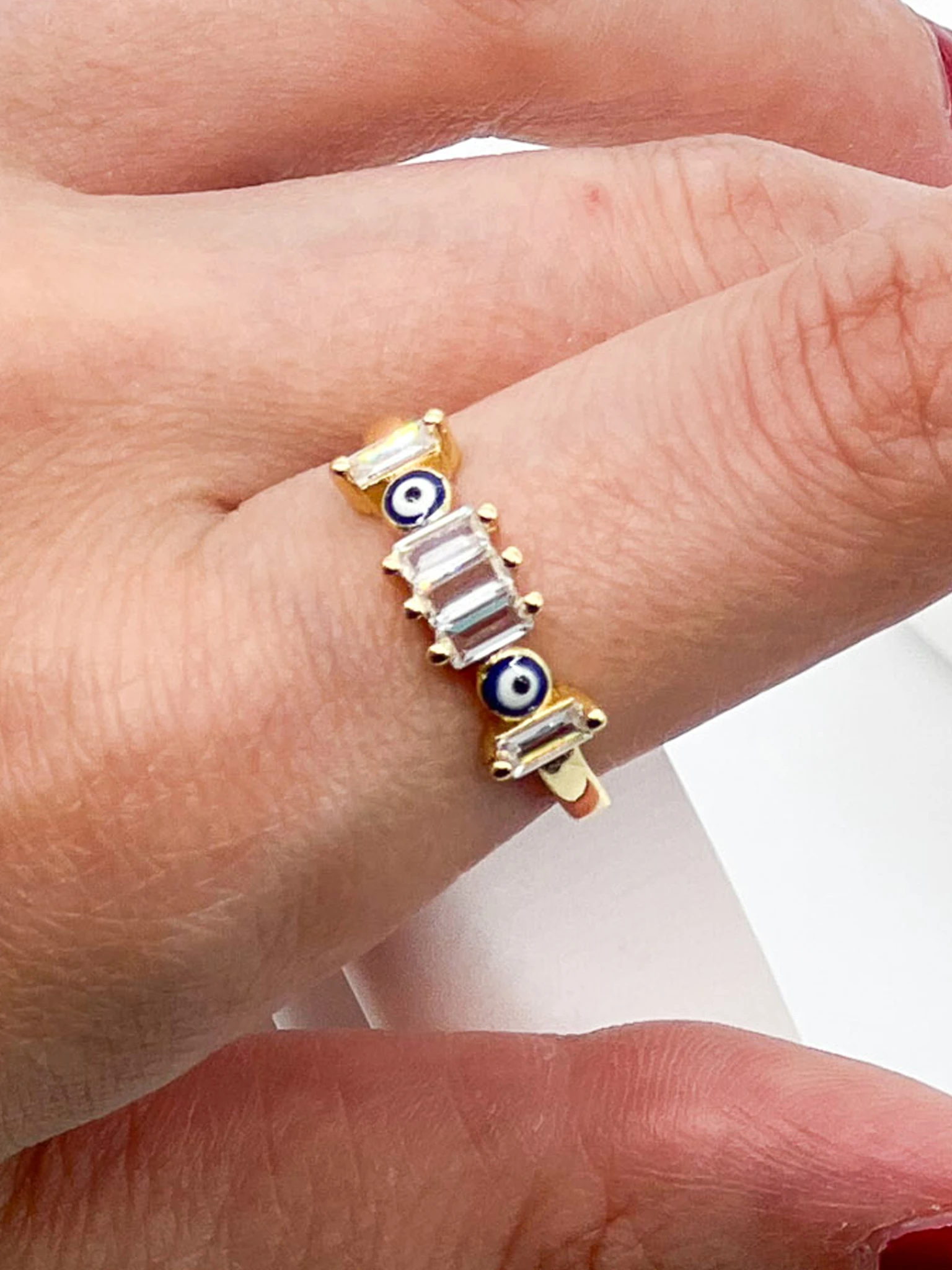 Zirkon Taşlı Ayarlanabilir Yüzük,İkili Nazar Boncuklu