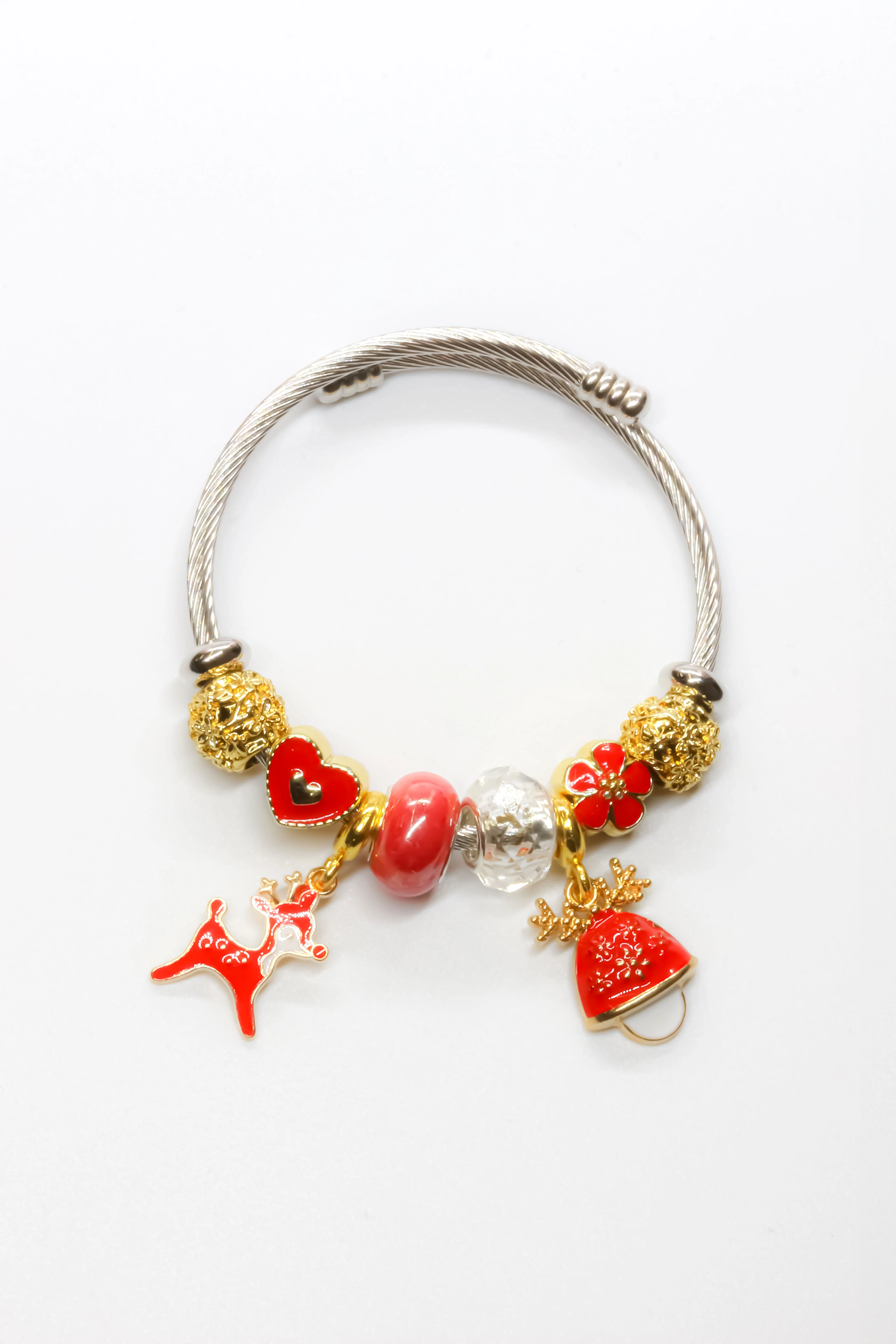 Çelik Yay Kelepçe Yılbaşı Charm Bilelik,Mineli Geyik,Çan Figürlü