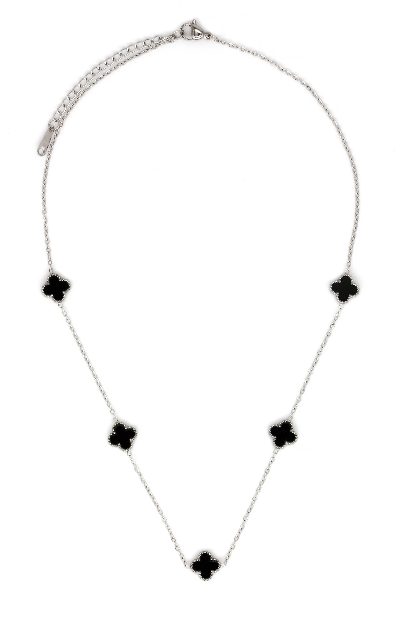 Çelik Siyah Mineli,Beşli Yonca Kolye - Silver