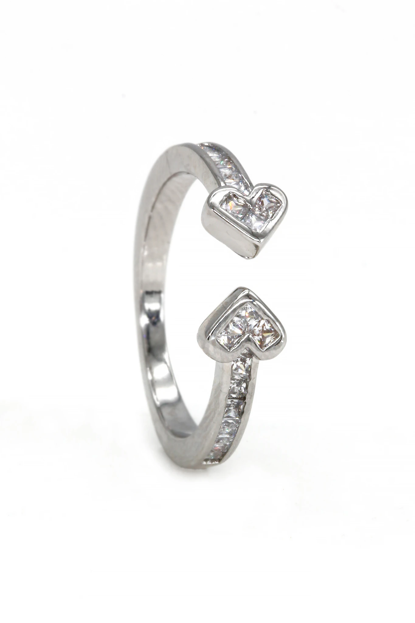 Ayarlanabilir Yüzük,Zirkon Taşllı İkili Kalp - Silver