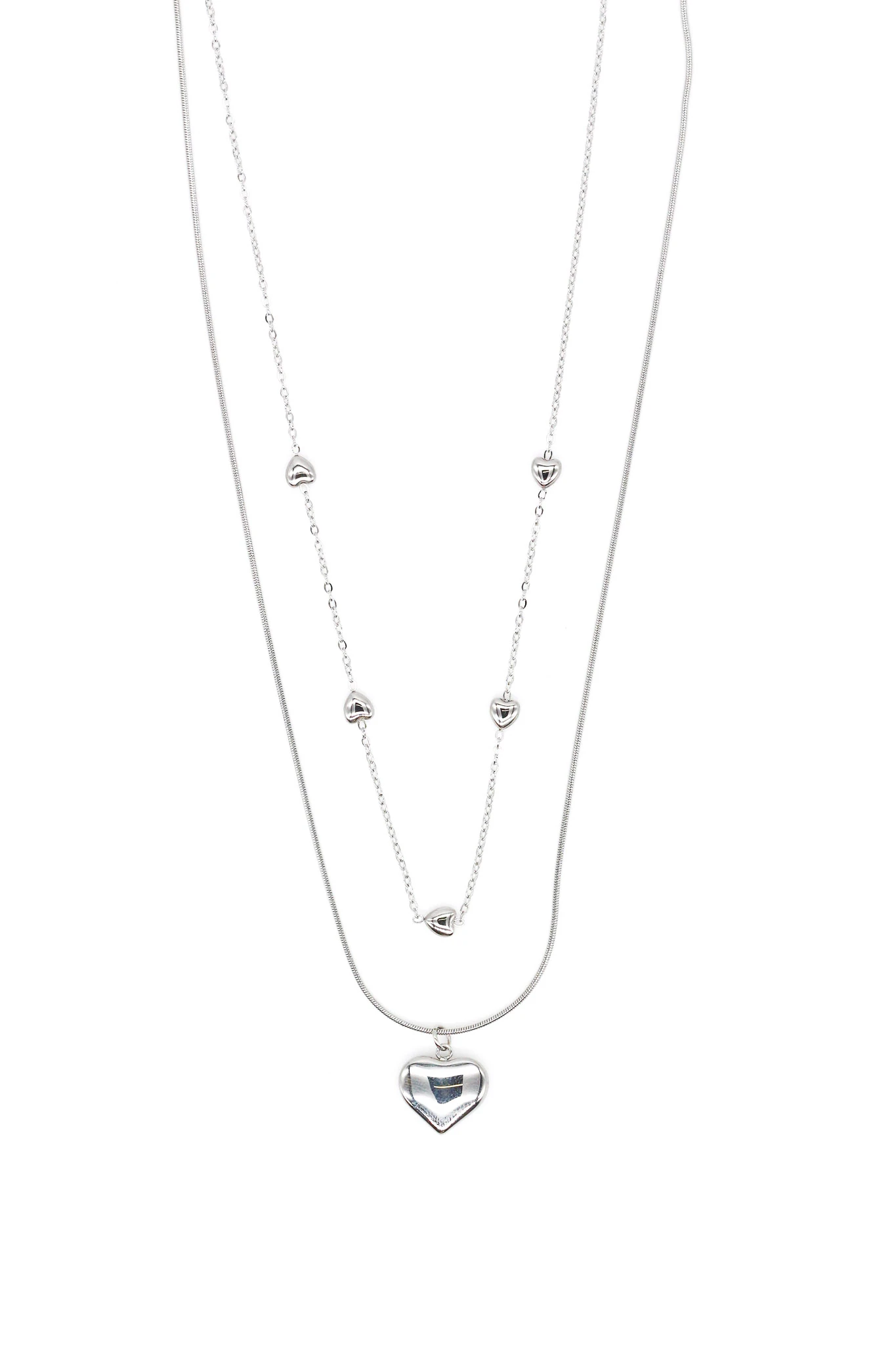Çelik Bombe Kalpli İkili Kombin Zincir Kolye - Silver