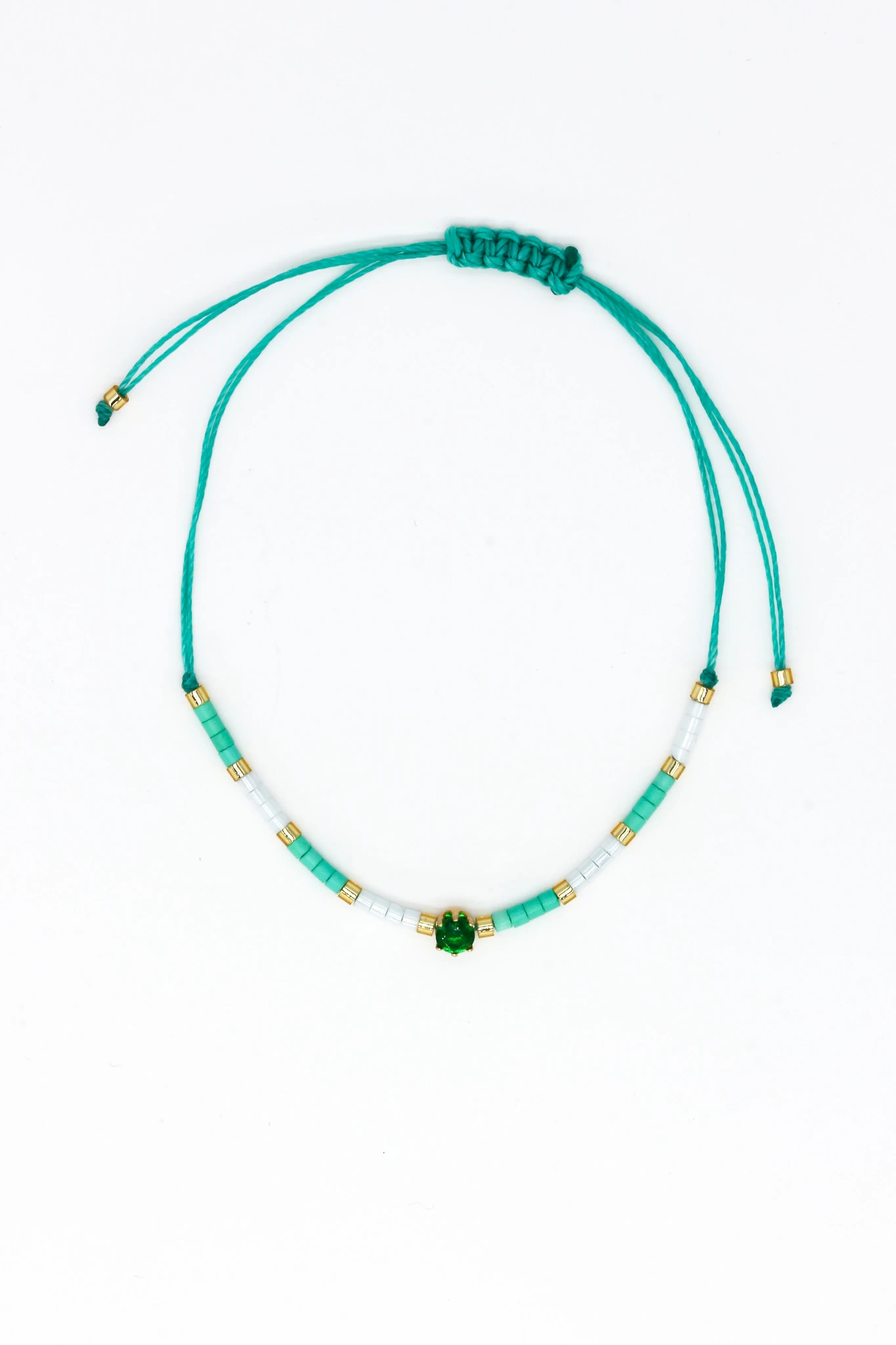 Makrome Turkuaz İpli Asansör 12li Set Bileklik,Yeşil Tektaşlı