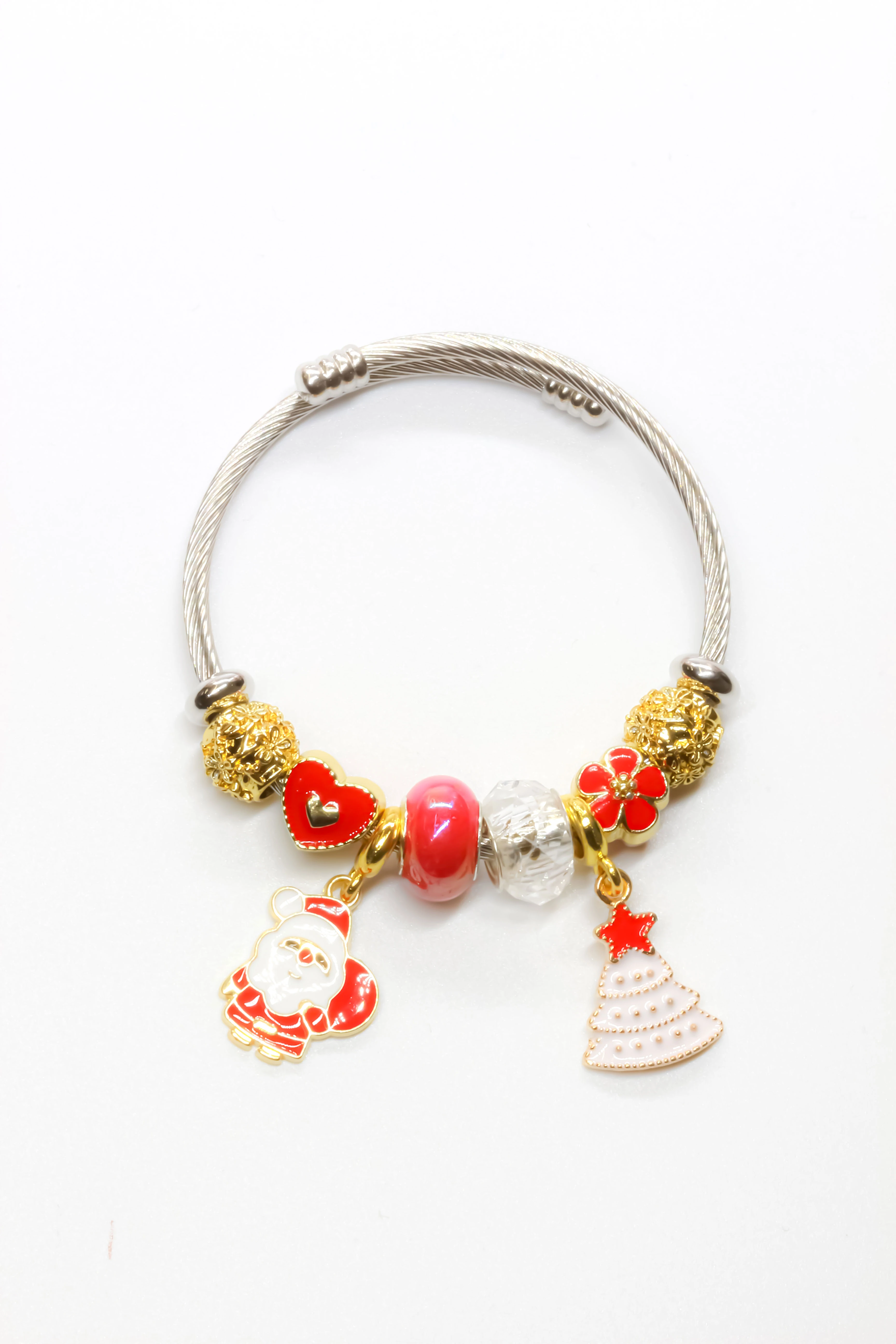 Çelik Yay Kelepçe Yılbaşı Charm Bilelik,Mineli Noel Baba,Çam Ağacı Figürlü