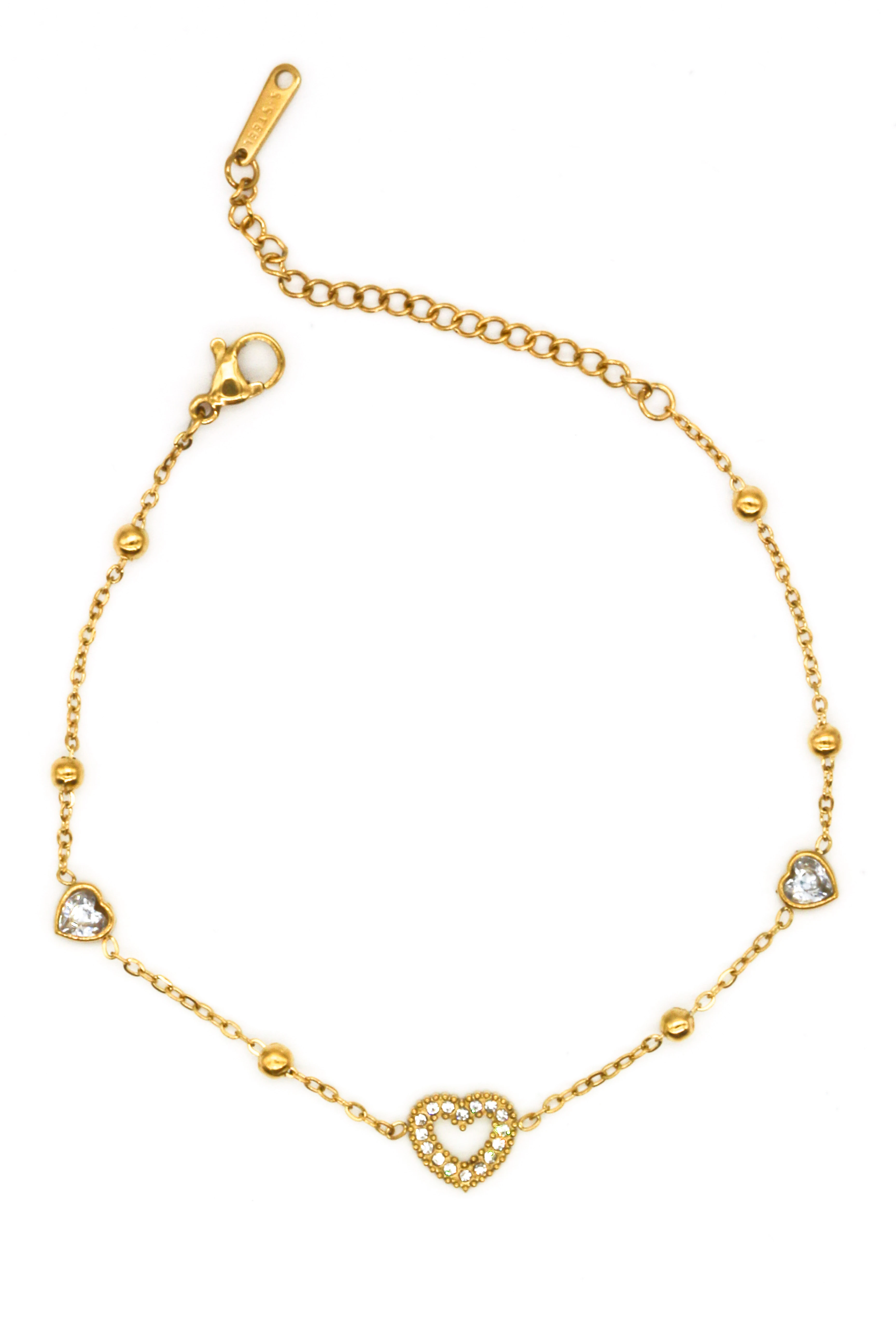 Çelik Zirkon Taşlı,Topcuklu Bileklik,Kalpli