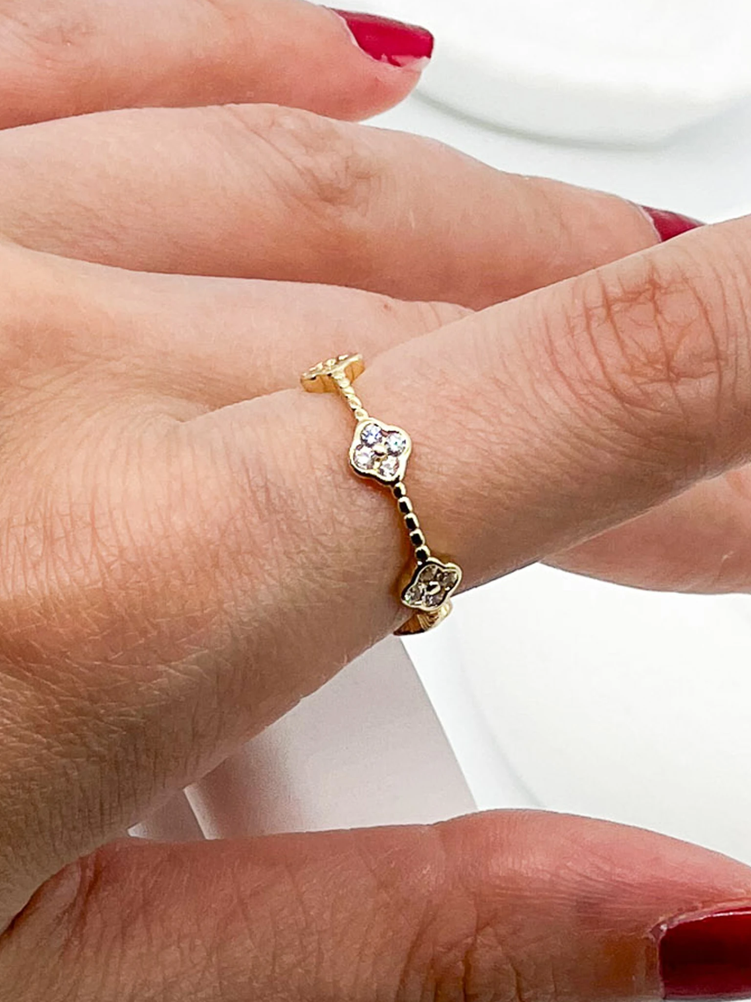 Ayarlanabilir Yüzük, Beşli Zirkon Taşlı Yonca - Gold