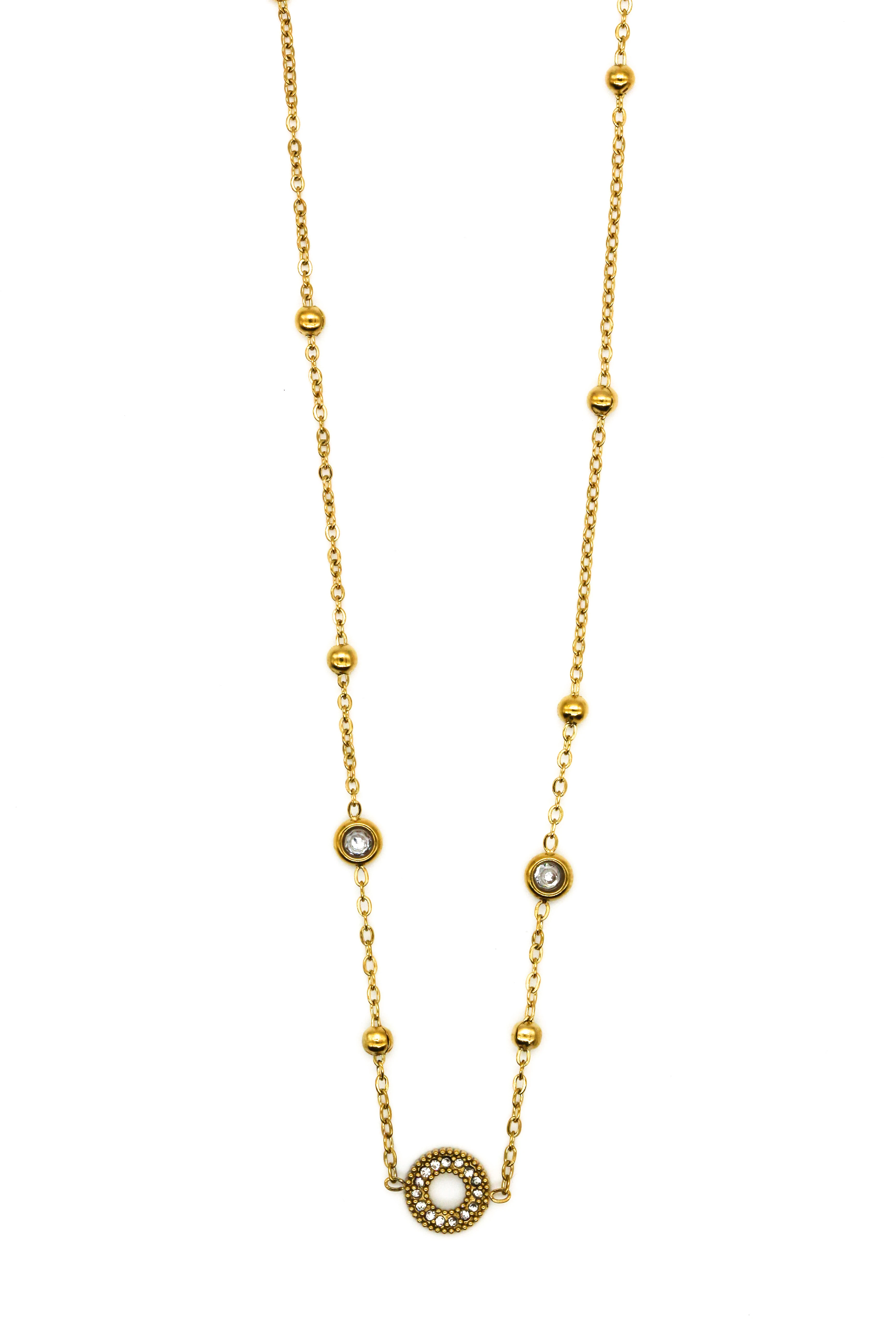 Çelik Topcuklu Zincir Kolye,Zirkon Taşlı Halka