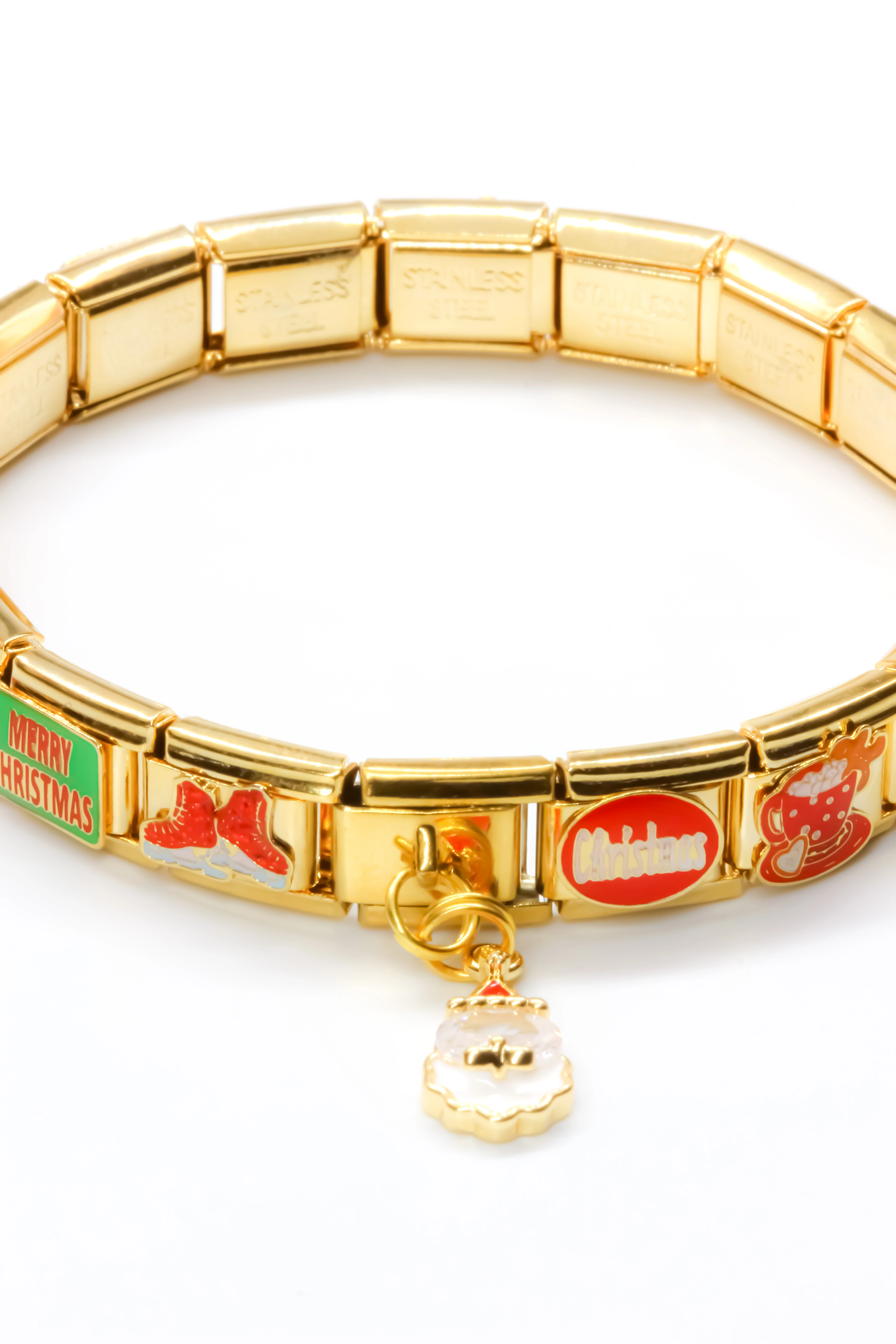 Çelik Yılbaşı Figürlü Charm Bileklik,Zirkon Taşlı Noel Baba Sallantılı