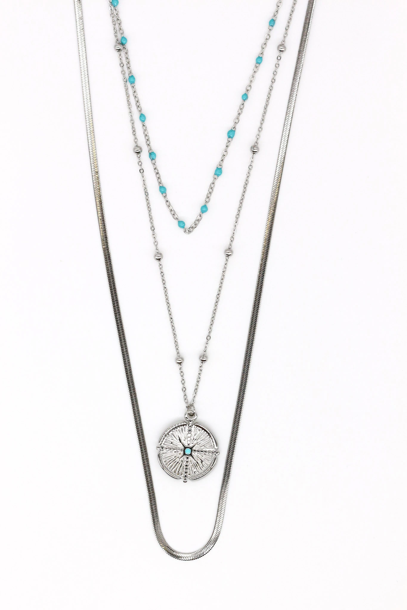 Çelik Üçlü Kombin Zincir Kolye,Mavi Mineli,Güneş Figürlü - Silver