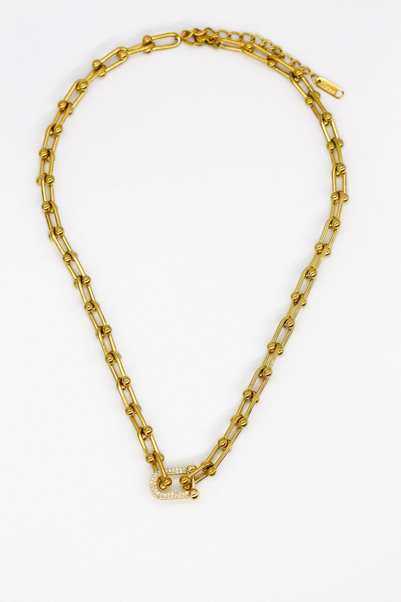 Çelik U Topcuklu Zincir Kolye,Zirkon Taşlı