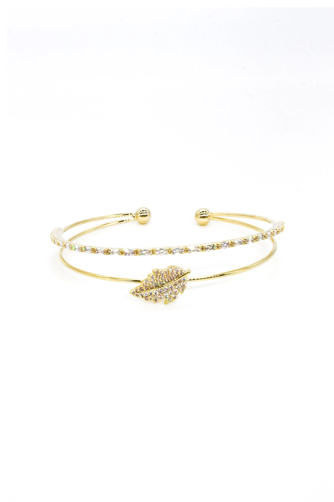 Tel C Kelepçe Bileklik,Zirkon Taşlı Yapraklı