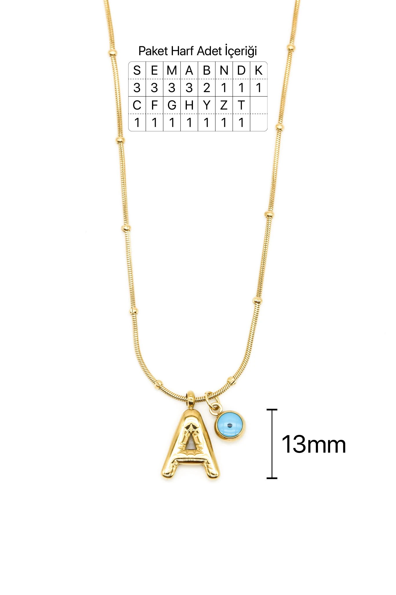 Çelik Göz Boncuklu Balon Harf Sicim Zincirli Kolye,24'lü Paket