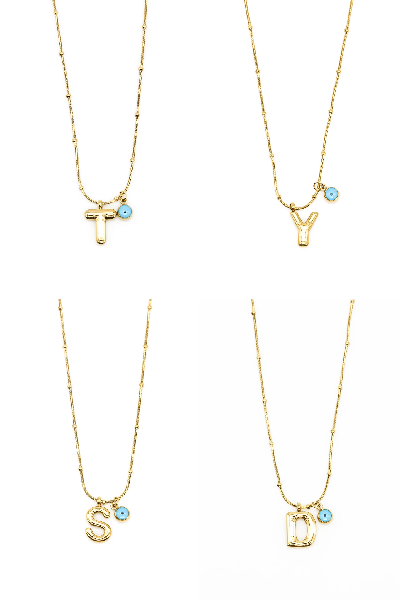 Çelik Göz Boncuklu Balon Harf Sicim Zincirli Kolye,24'lü Paket