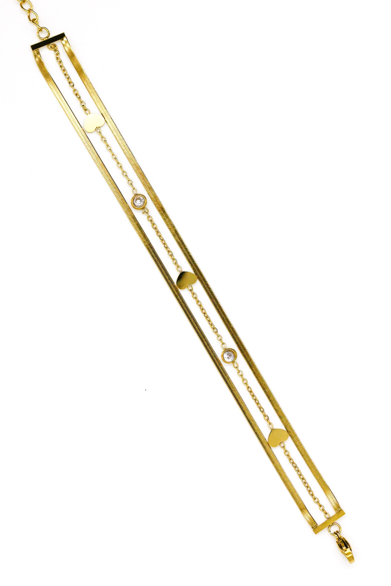 Çelik Kalpli,Üçlü Birleşik Zincir Bileklik - Gold