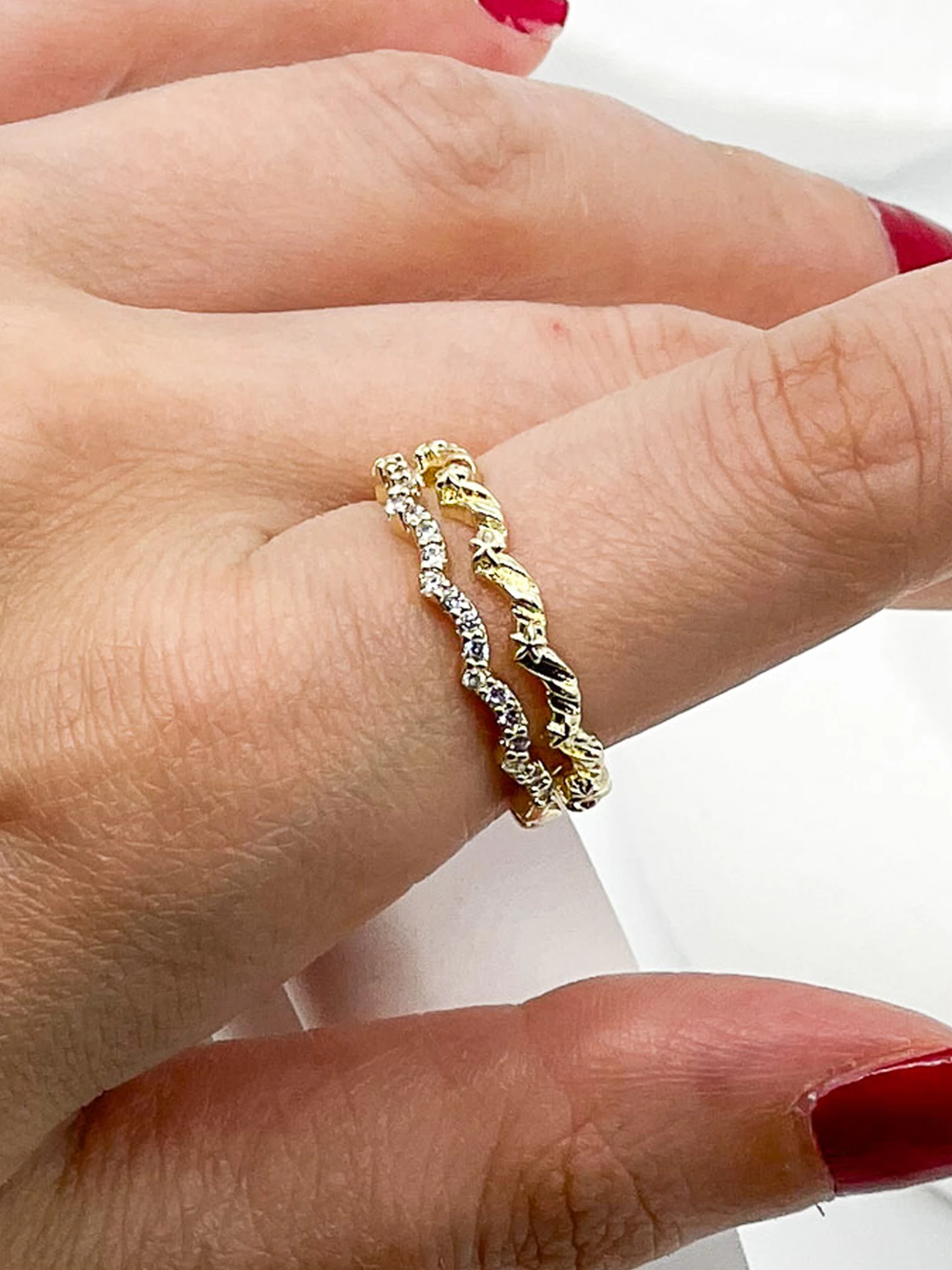 Ayarlanabilir Yüzük, İki Dalgalı Zirkon Taşlı - Gold