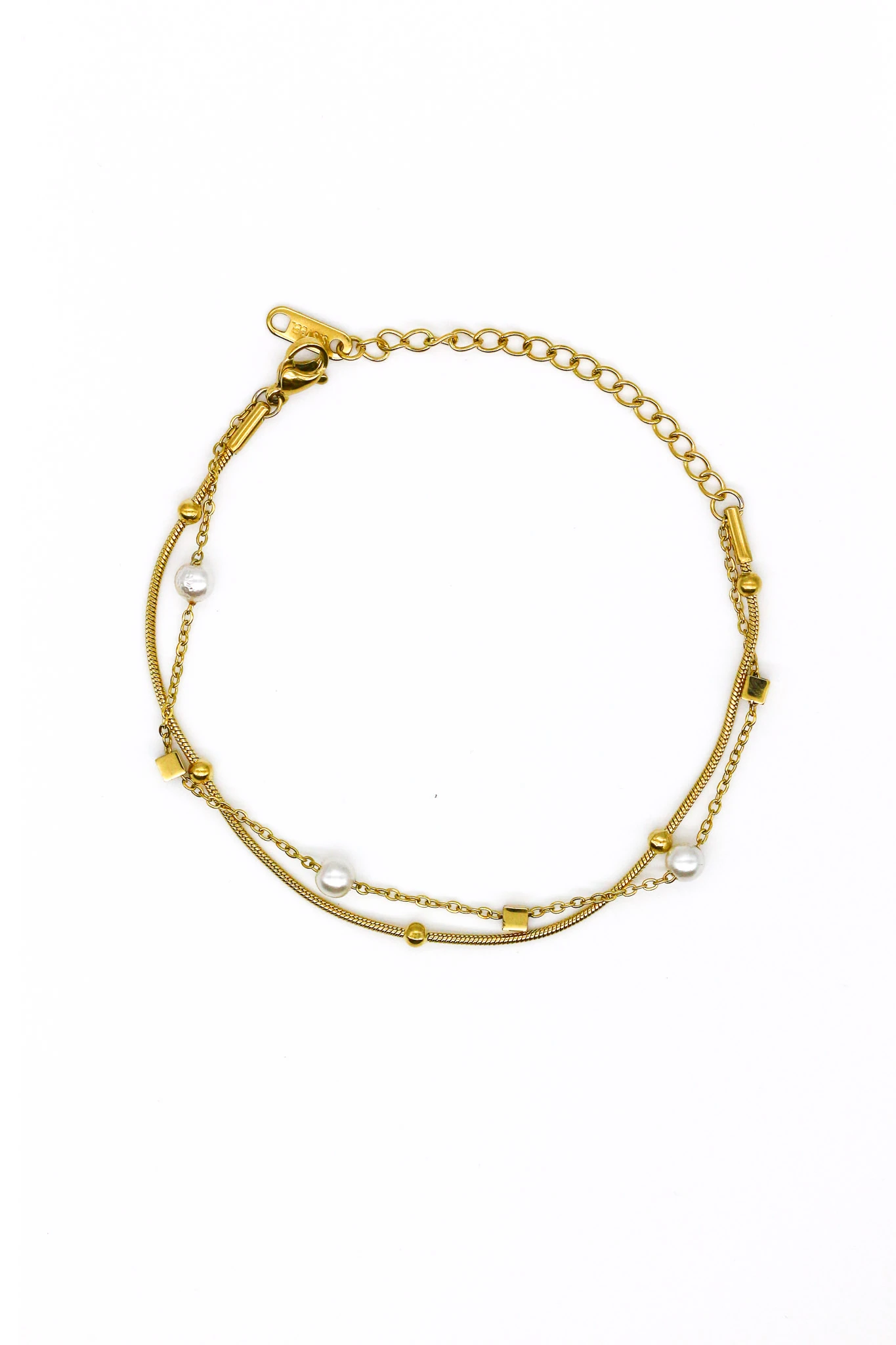 Çelik Küplü,İnci Boncuklu İkili Kombin Zincir Bileklik - Gold