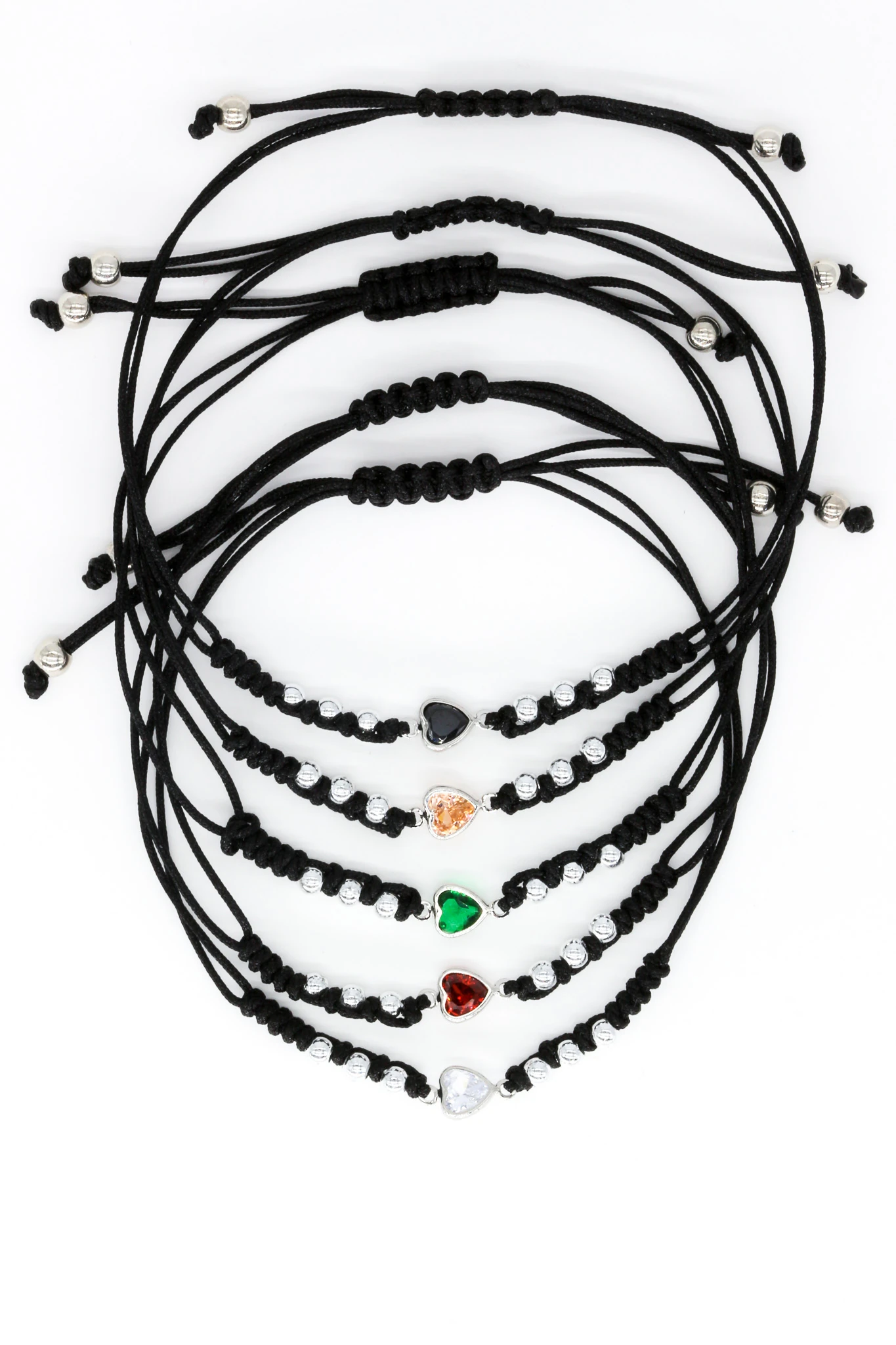 Makrome Siyah İpli Asansör 12li Set Bileklik,Renkli Taş Kalpli