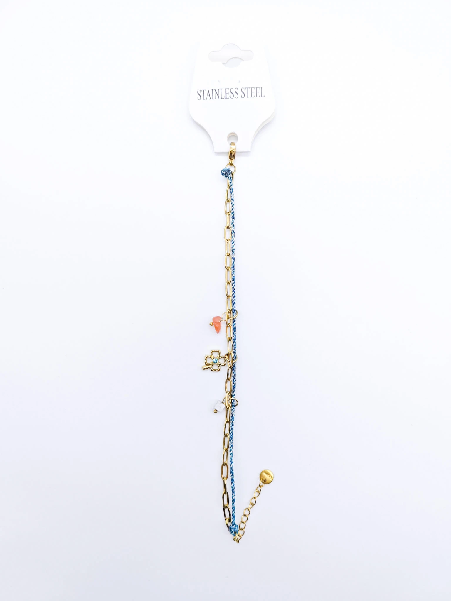 Çelik Yonca Çiçekli,Mavi İpli,İkili Kombin Zincir Bileklik