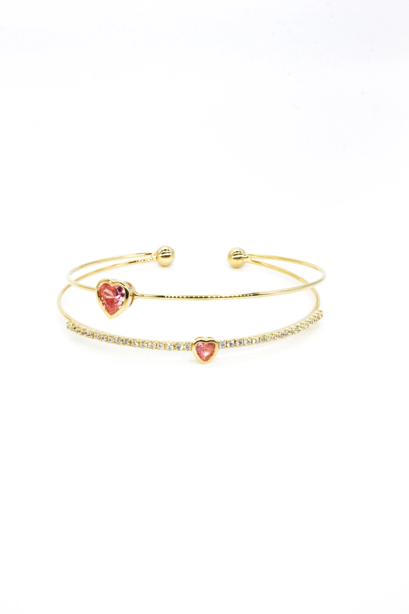 Tel C Kelepçe Bileklik,Zirkon Taşlı İkili Pembe Kalpli