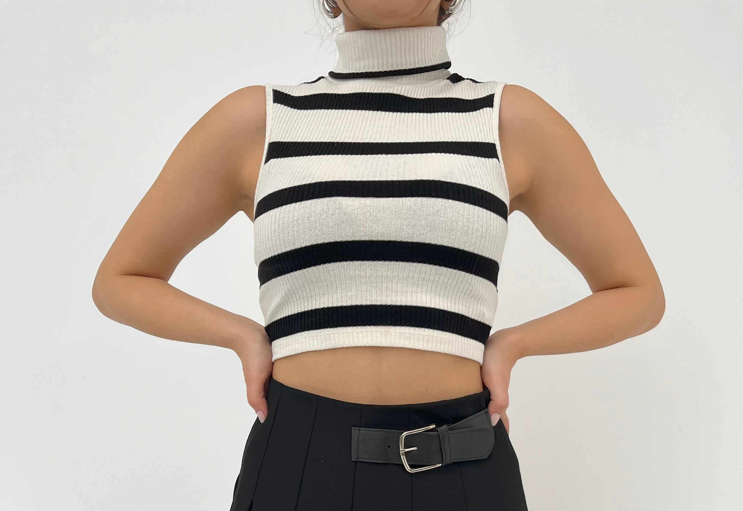 Boğazlı Çizgili Crop Top