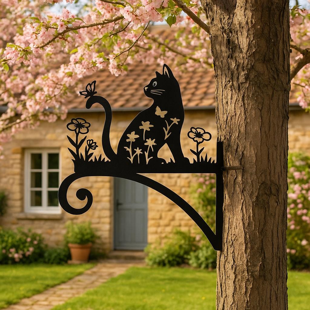 Kedi ve Çiçekleri Figürlü Metal Çiçeklik Askı Demiri