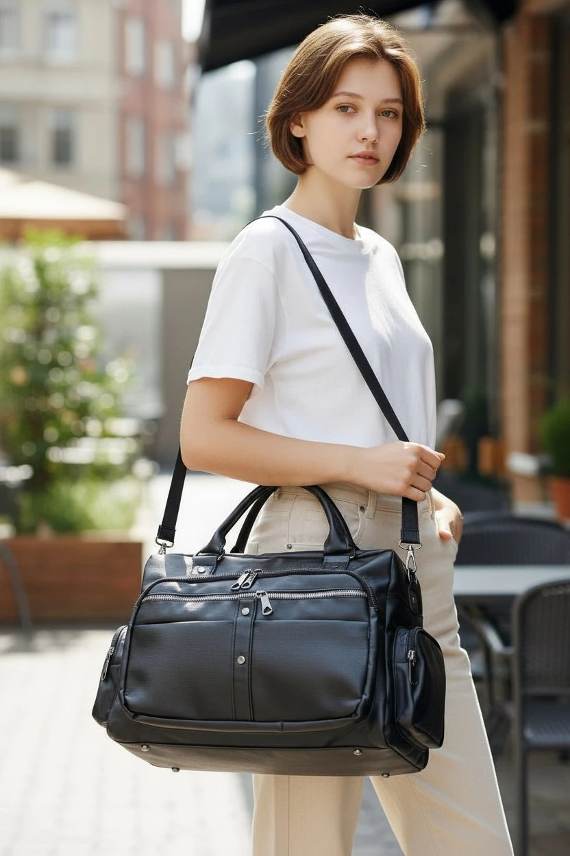 Kadın Suni Deri Siyah Çok Bölmeli Büyük Maxi Boy Omuz Çantası TRK01