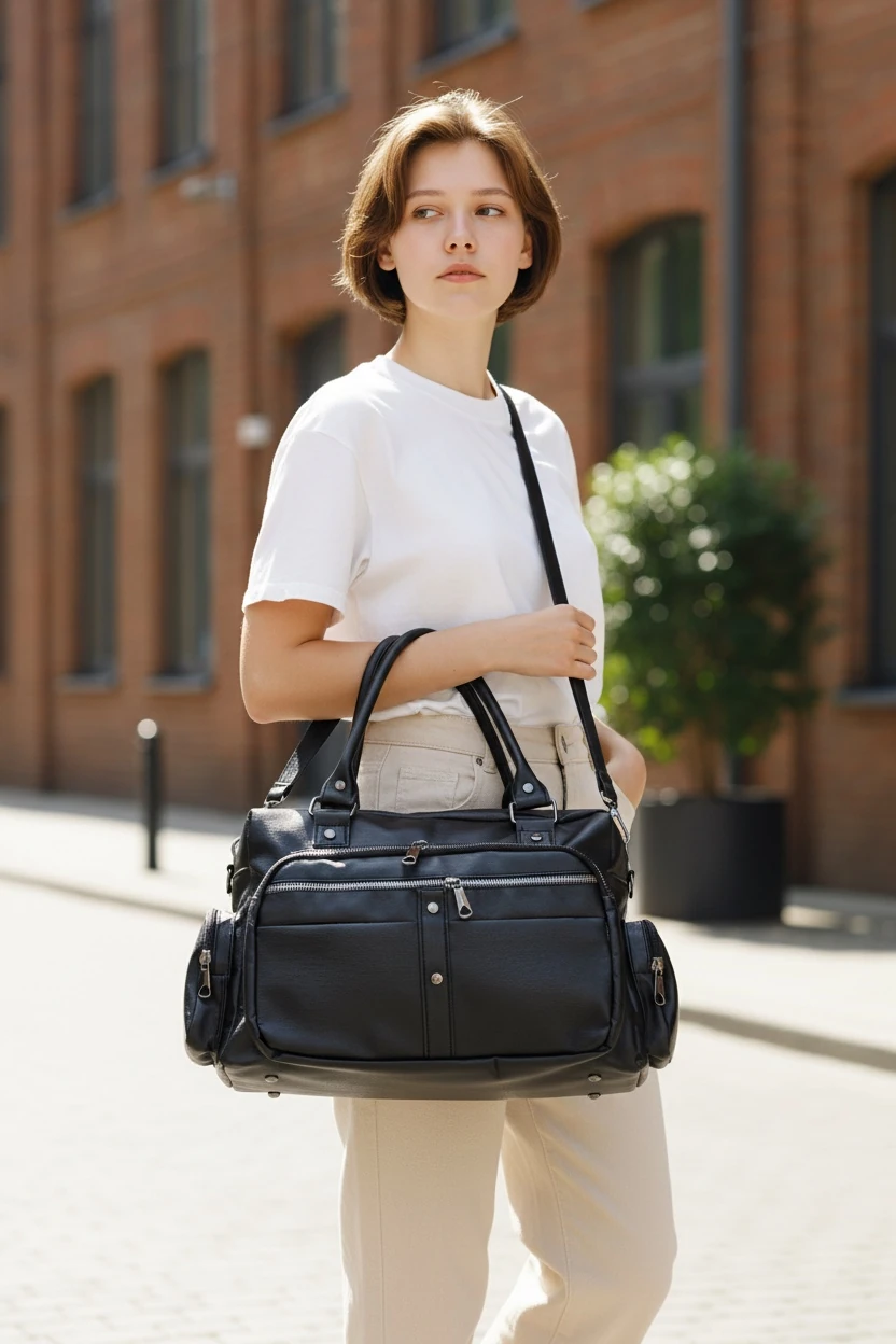 Kadın Suni Deri Siyah Çok Bölmeli Büyük Maxi Boy Omuz Çantası TRK01