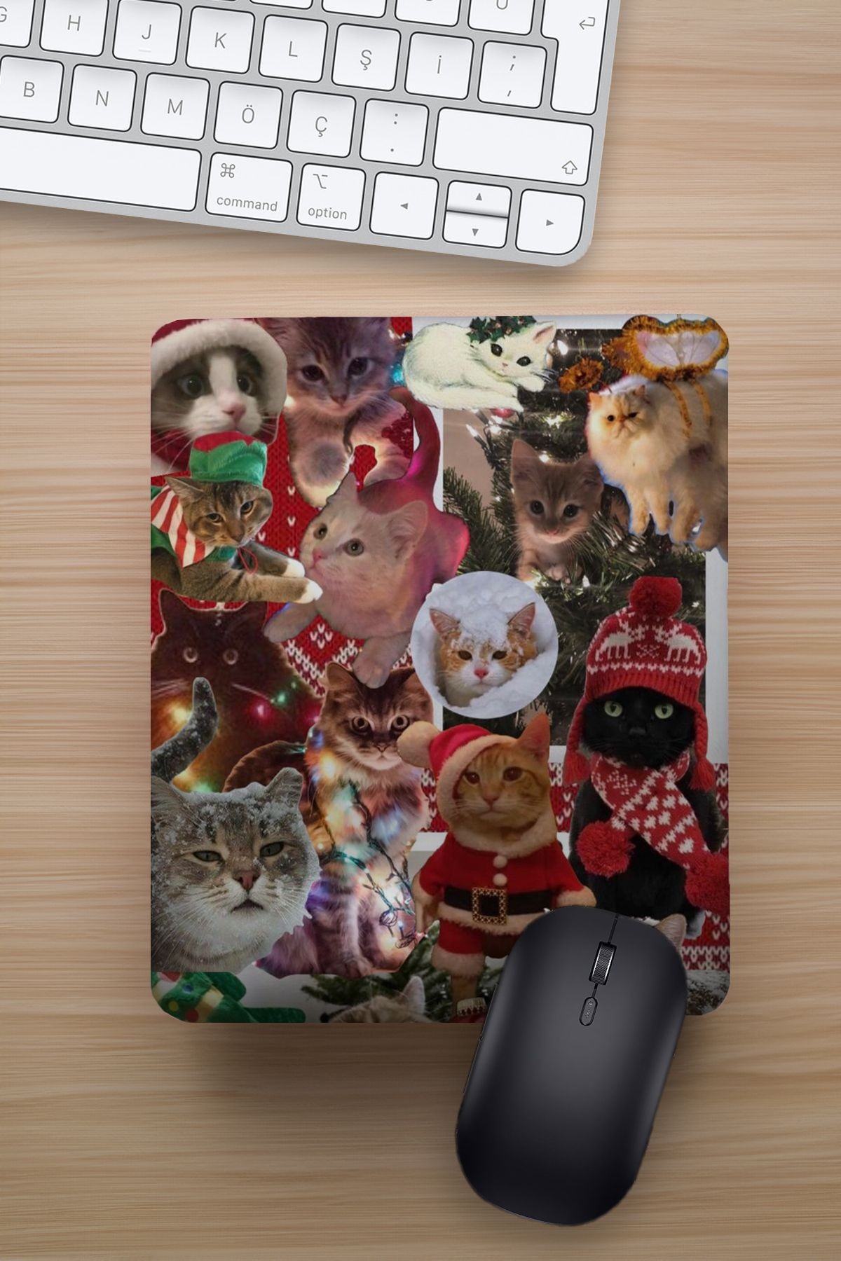 Yılbaşı Özel Cats Kolaj Bilek Destekli Eğlenceli Tasarımlı Hediyelik Mousepad