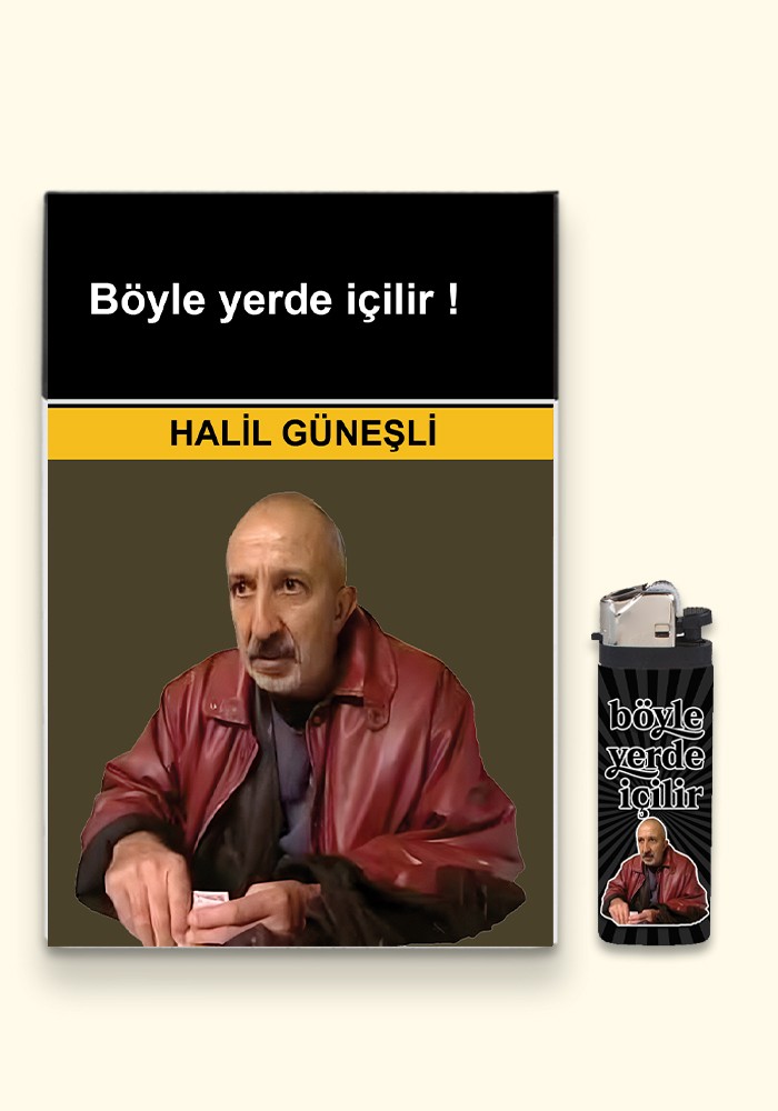 Halil Güneşli ''Böyle Yerde İçilir'' Hediyelik Plastik Sigara Tabakası ve Gazlı Çakmak Seti