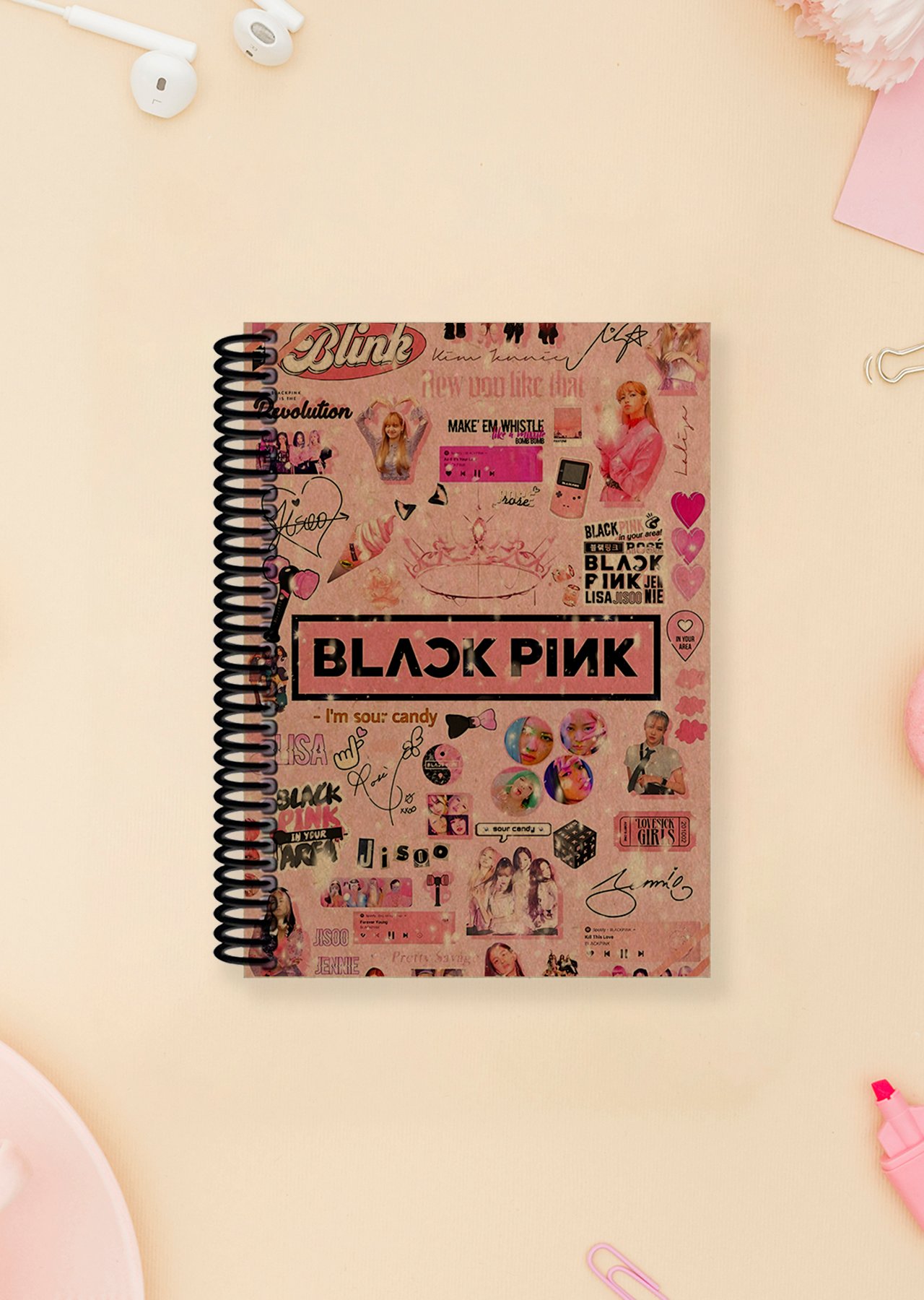 Blackpink Pembe Kolaj Spiralli A6 Çizgisiz Kraft Kapaklı Not Defteri (100 Sayfa)