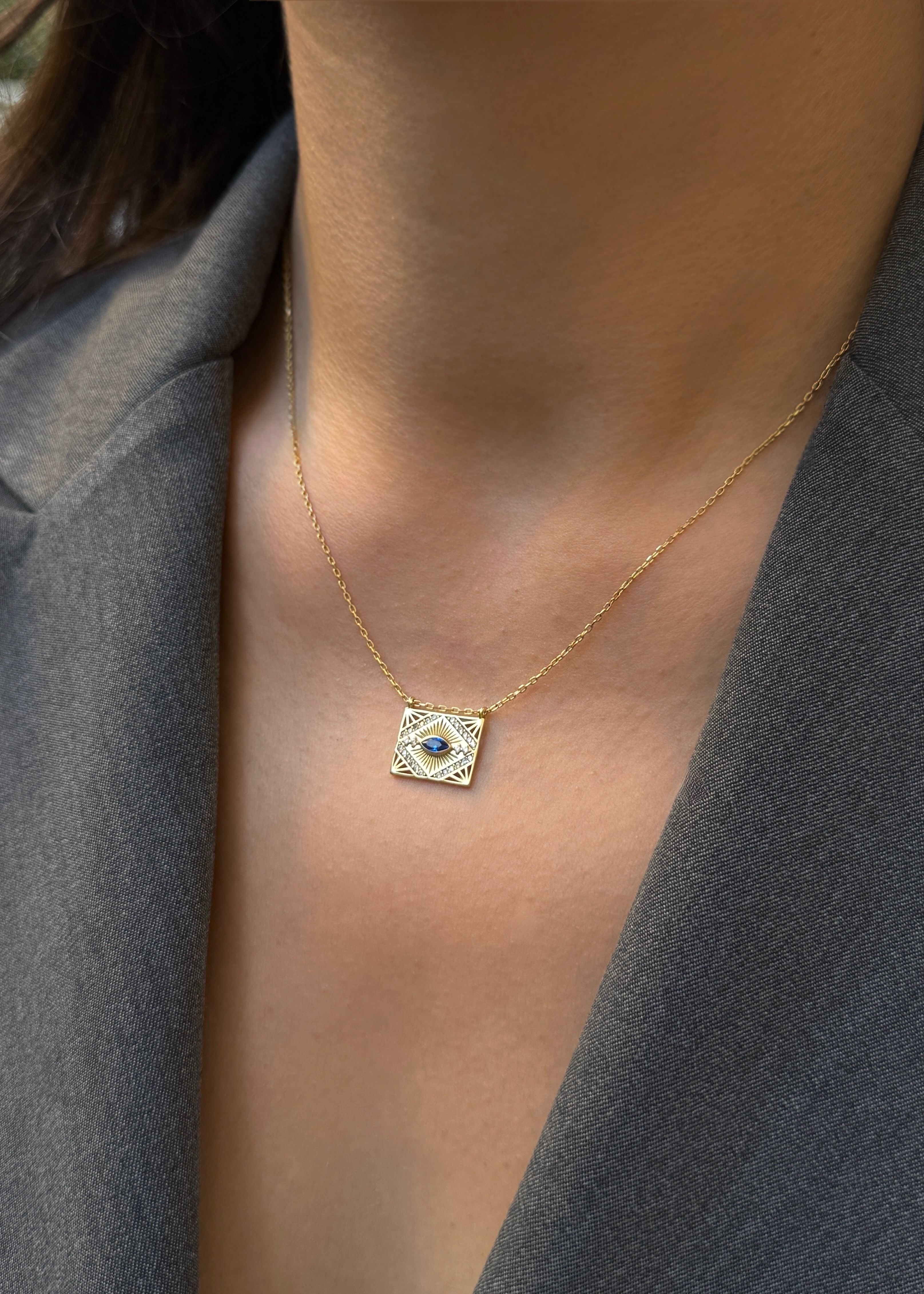 925 ayar gümüş | Mavi taş detaylı plaka kolye 