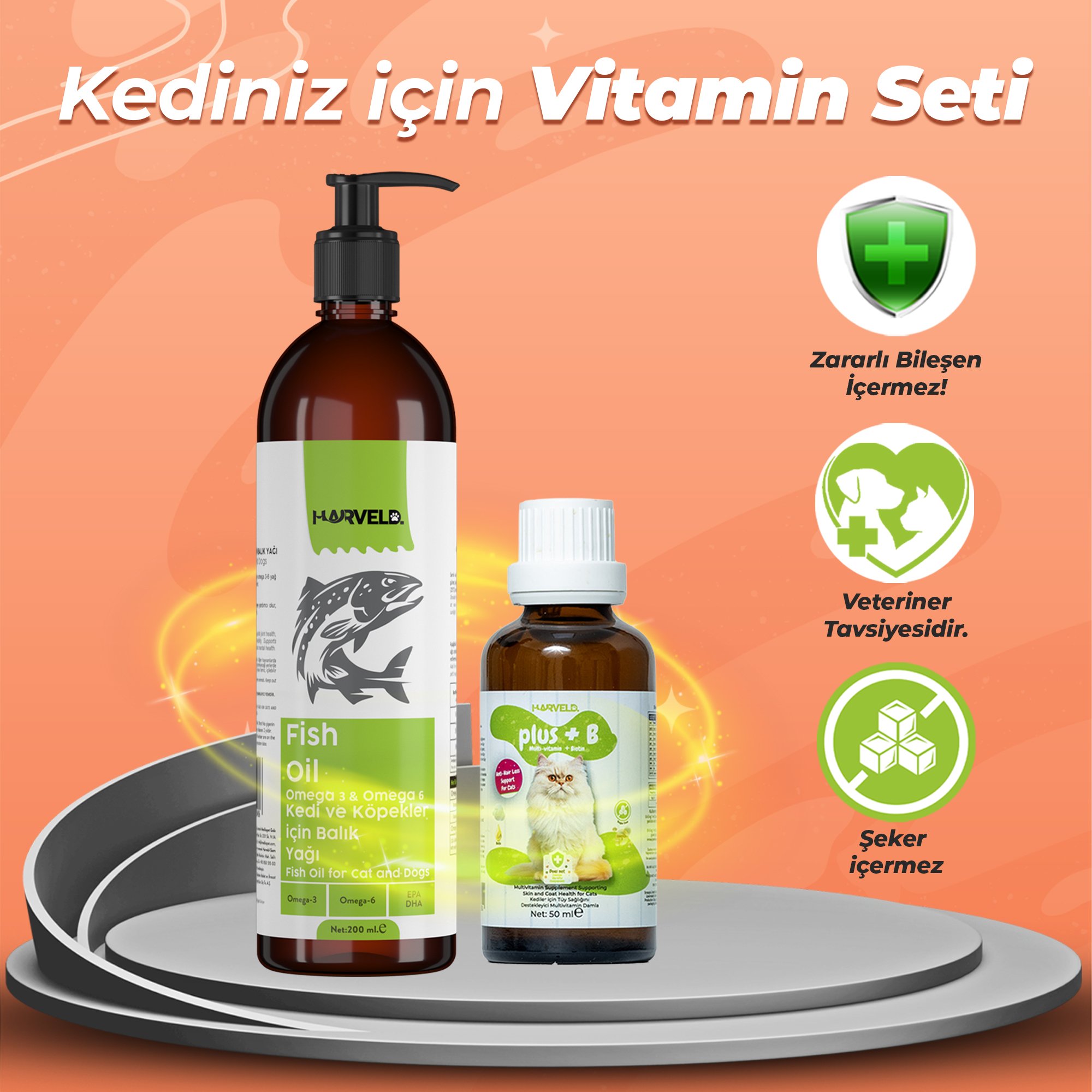 Harveld Kedi Vitamini ve Balık Yağı Tam Bakım Seti – Tüy ve Deri Sağlığı, Omega 3-6, Çinko, Biyotin İçeren Multivitamin, Bağışıklık ve Eklem Desteği (Plus B Damla + Fish Oil 200ml)