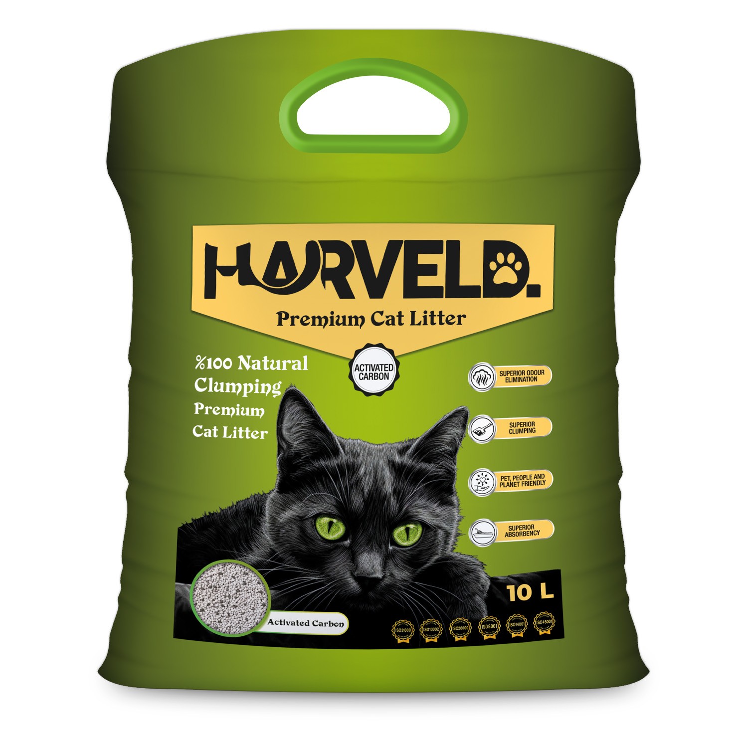 Harveld Aktif Karbonlu Topaklanan, Kokusuz ve Tozsuz Bentonit Kedi Kumu 10L – Bez Çantalı