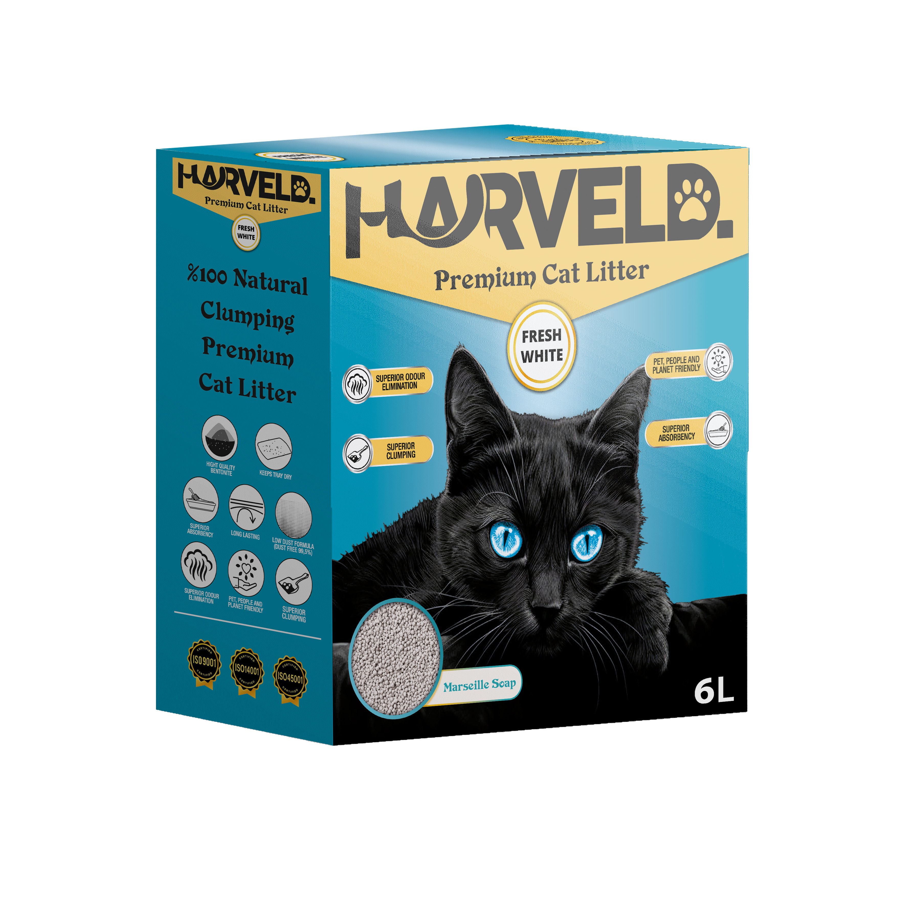 Harveld Fresh White Marsilya Sabunu Kokulu Topaklanan ve Tozsuz Bentonit Kedi Kumu Kutulu - 6 Litre