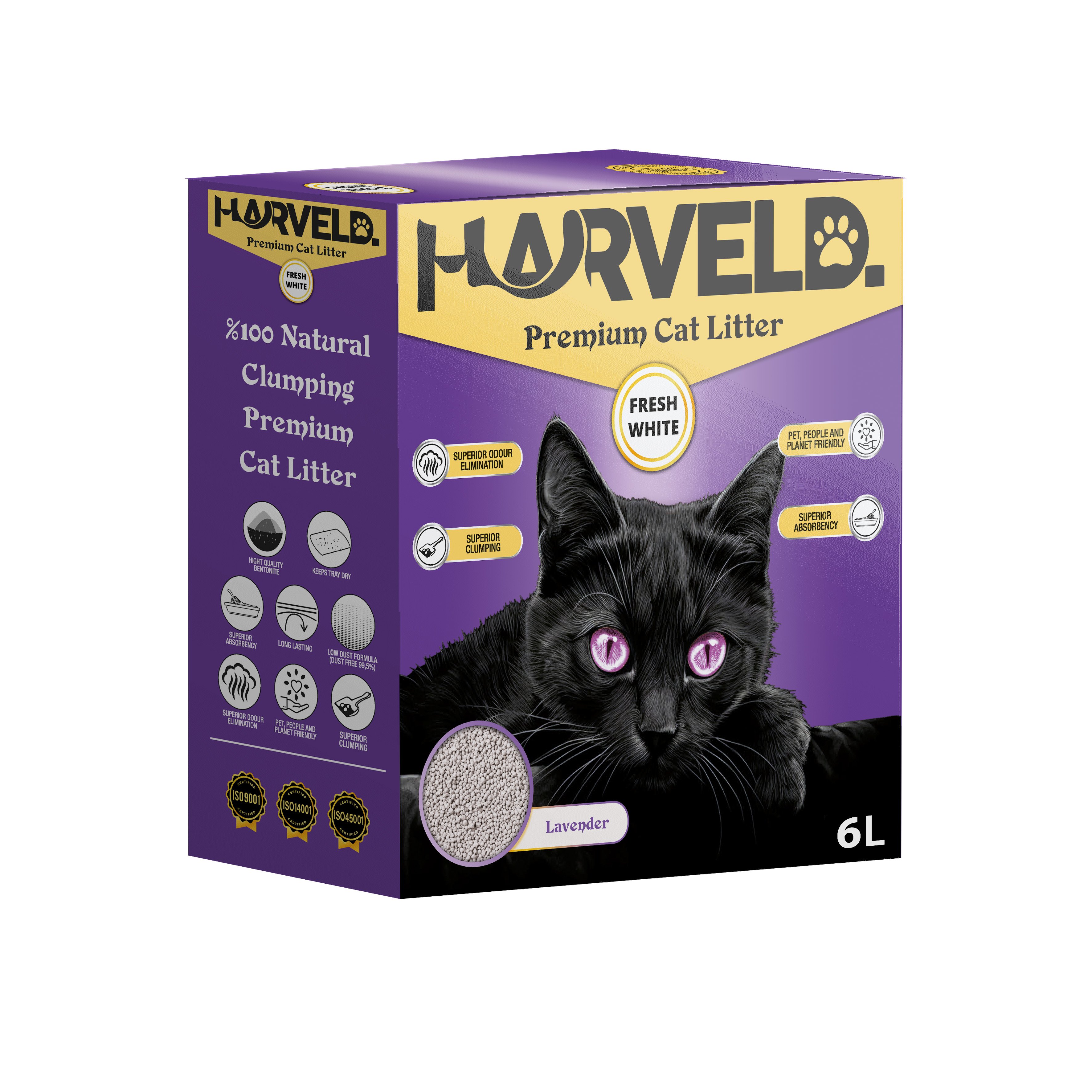 Harveld Fresh White Lavanta Kokulu Topaklanan ve Tozsuz Bentonit Kedi Kumu Kutulu - 6 Litre