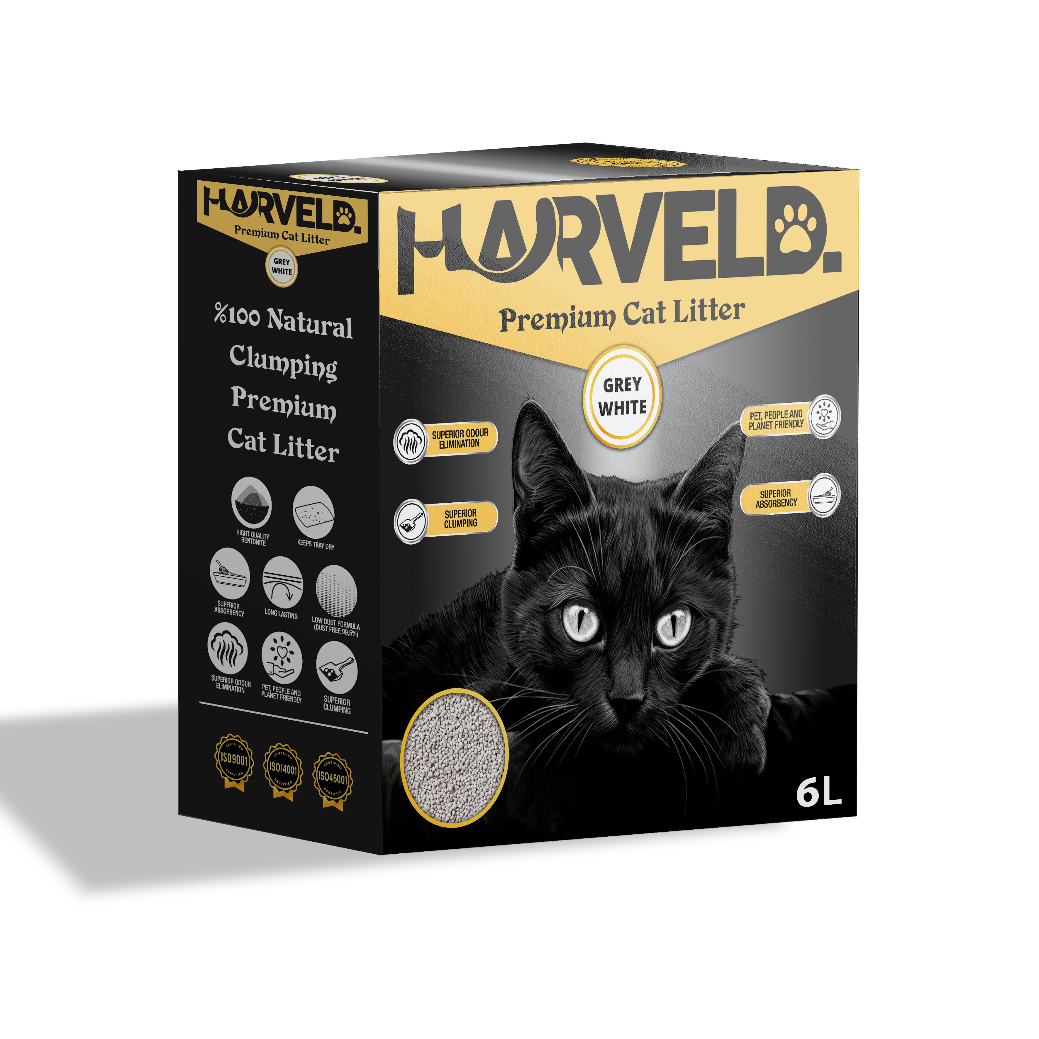 Harveld Grey White Topaklanan, Kokusuz ve Tozsuz Bentonit Kedi Kumu Kutulu - 6 Litre