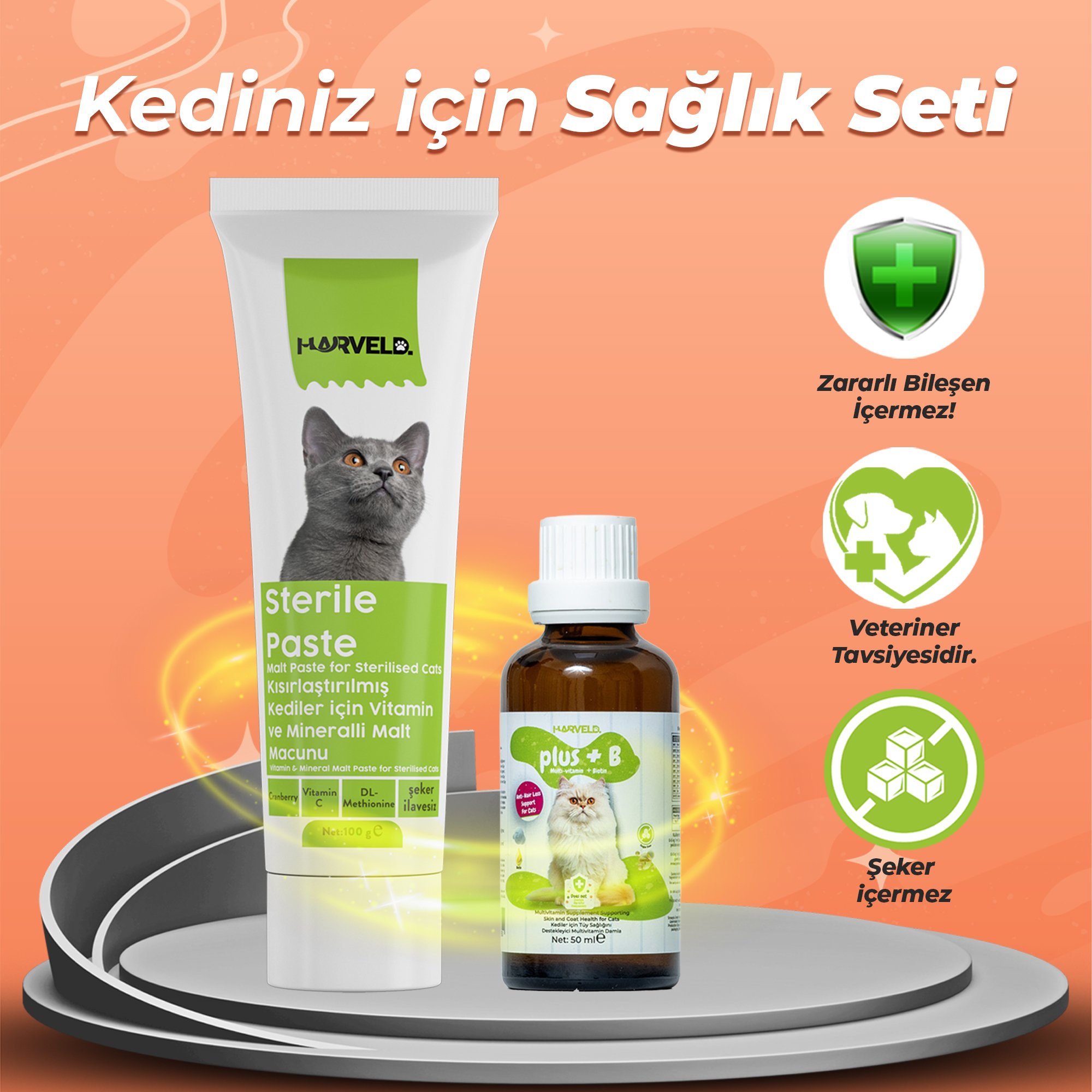 Harveld Kısırlaştırılmış Kediniz İçin Bağışıklık Güçlendirici ve Tüy ve Deri Desteği Tam Bakım Seti:  Sterile Paste + Plus B Damla