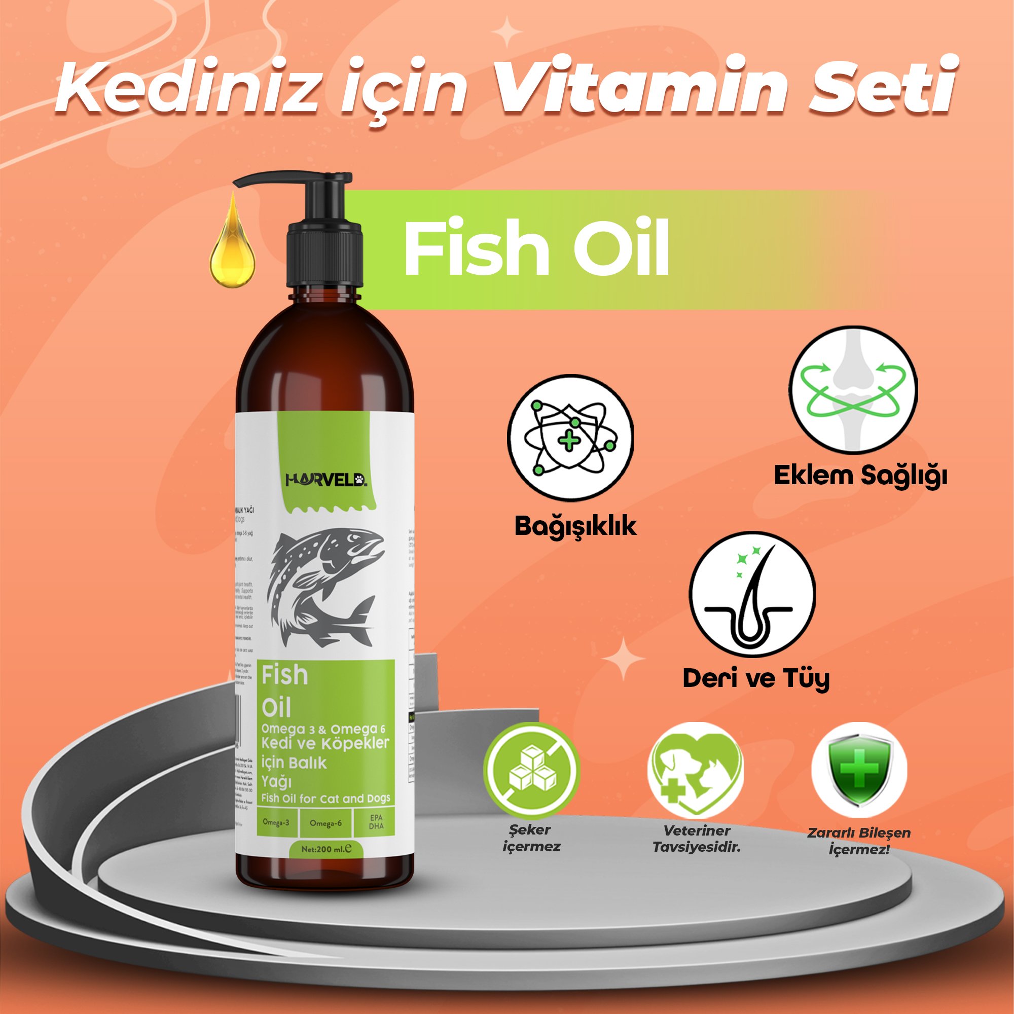 Harveld Kedi Vitamini ve Balık Yağı Tam Bakım Seti – Tüy ve Deri Sağlığı, Omega 3-6, Çinko, Biyotin İçeren Multivitamin, Bağışıklık ve Eklem Desteği (Plus B Damla + Fish Oil 200ml)
