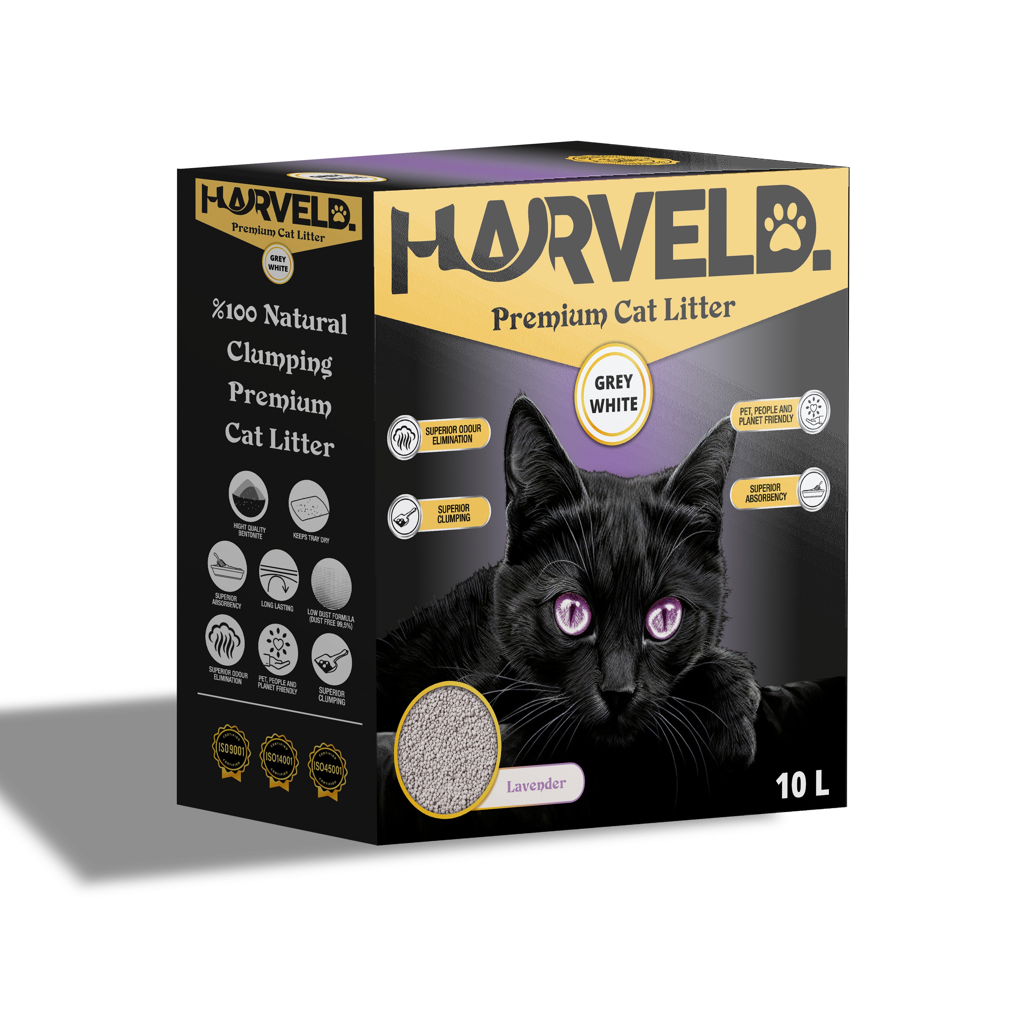Harveld Grey White Lavanta Kokulu Topaklanan, Kokulu ve Tozsuz Bentonit Kedi Kumu Kutulu - 10 Litre