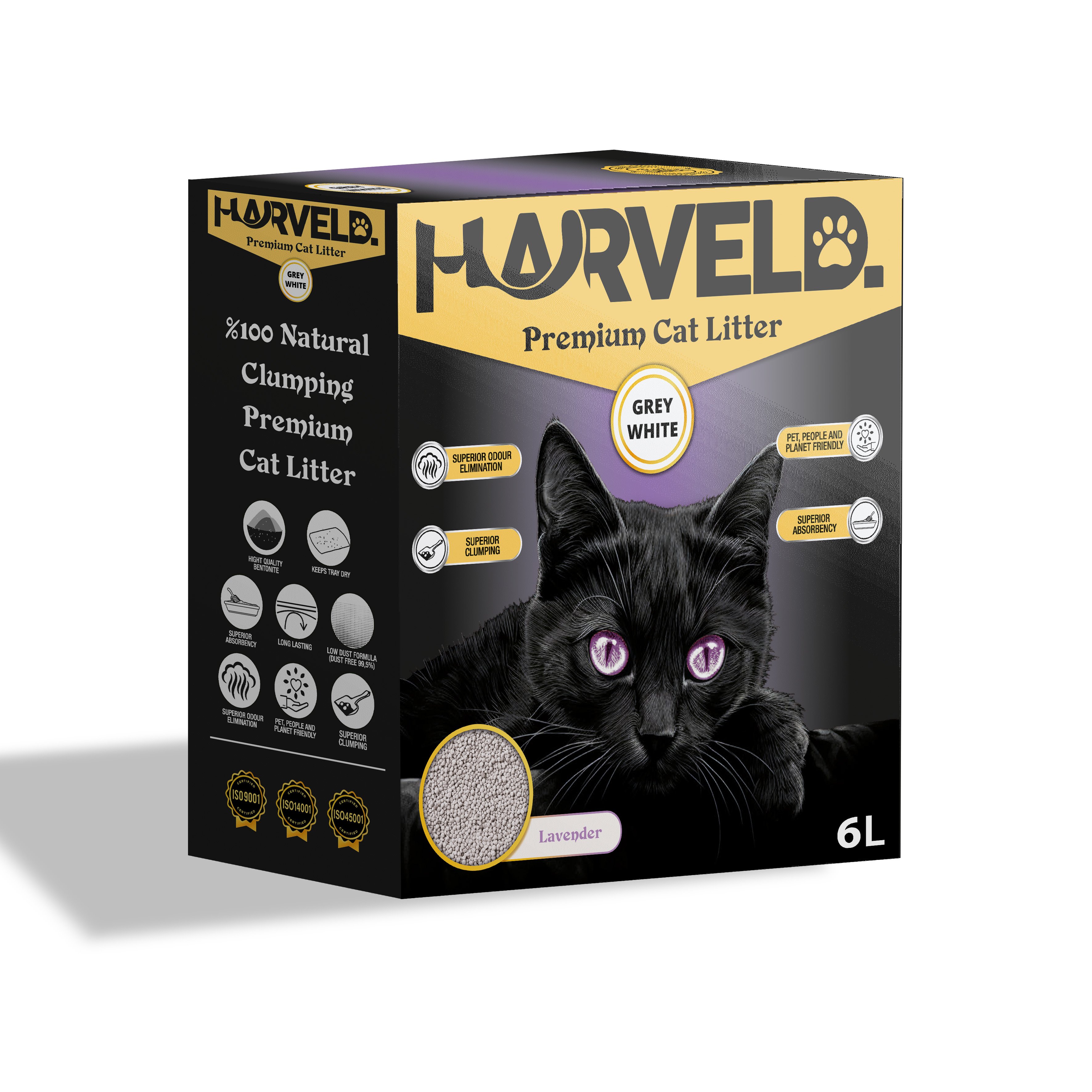 Harveld Grey White Lavanta Kokulu Topaklanan, Kokulu ve Tozsuz Bentonit Kedi Kumu Kutulu - 6 Litre
