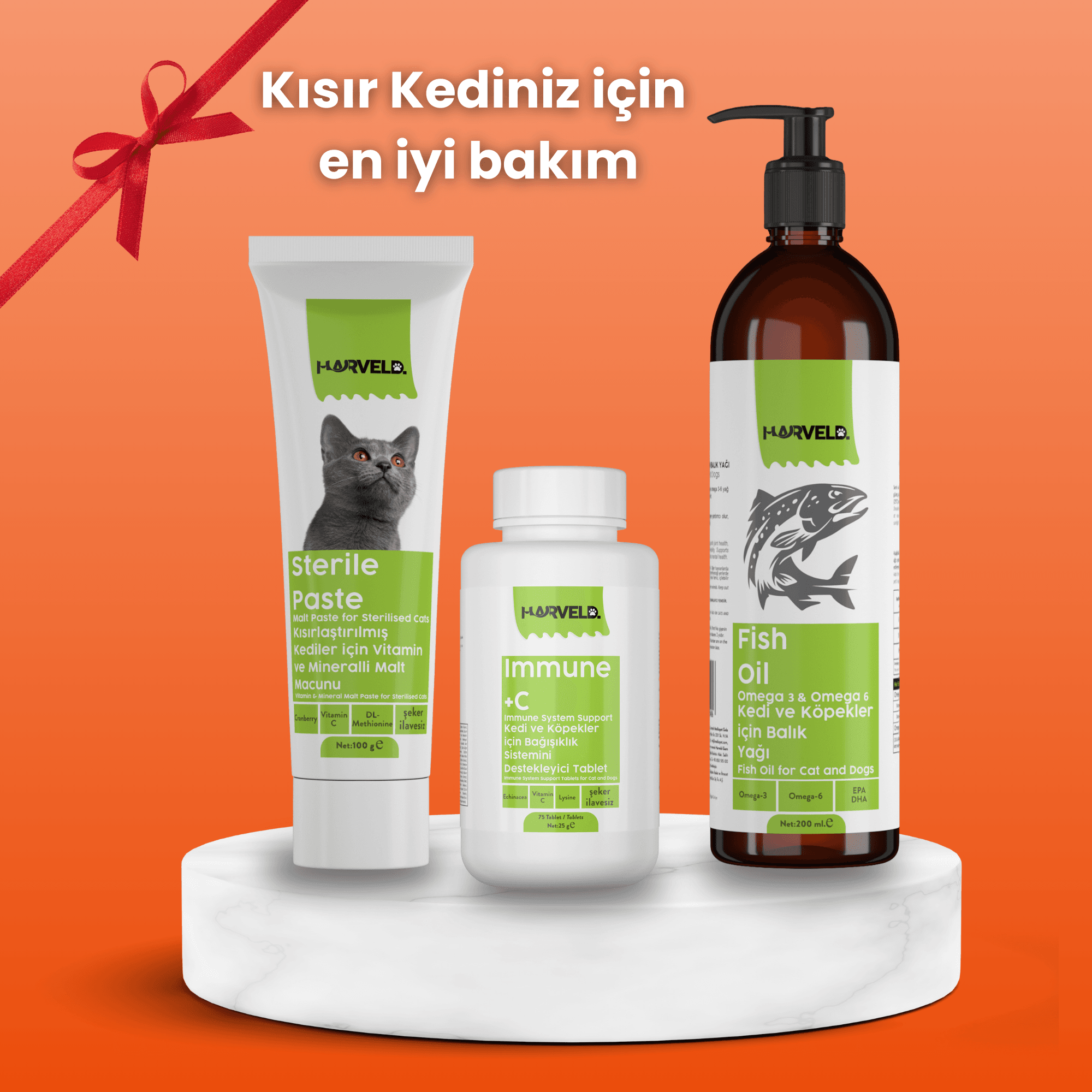 Harveld Kısır Kediniz Için 3'lü Kedi Bakım Seti Sterile Paste - Fish Oil - Immune C