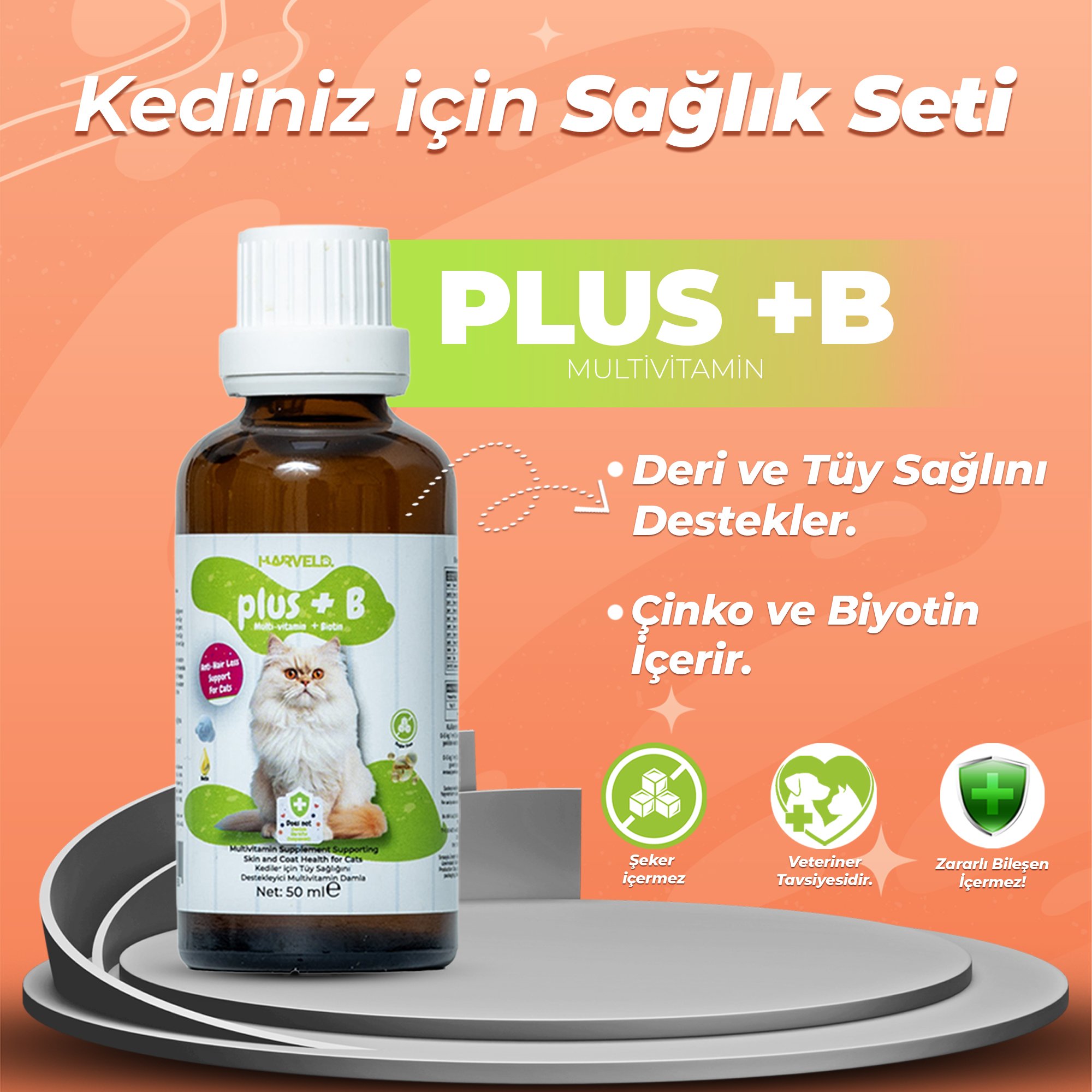 Harveld Kısırlaştırılmış Kediniz İçin Bağışıklık Güçlendirici ve Tüy ve Deri Desteği Tam Bakım Seti:  Sterile Paste + Plus B Damla