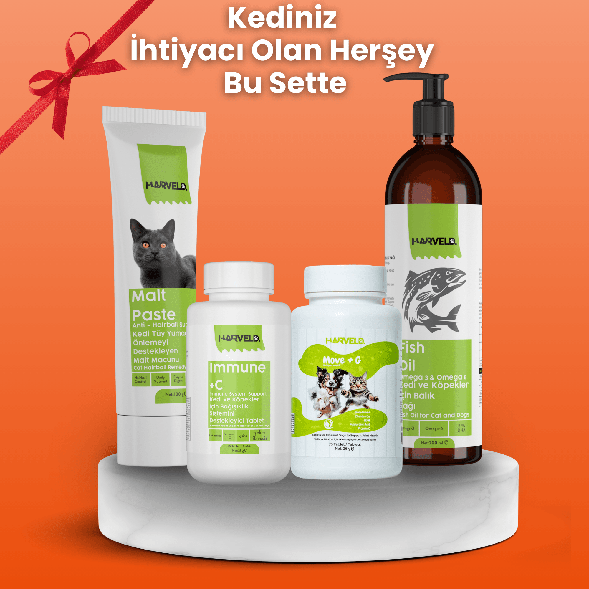 Harveld Kediniz Için Premium Sağlık Seti 4'lü Kedi Bakım Seti Malt Paste - Fish Oil - Immune C - Move G